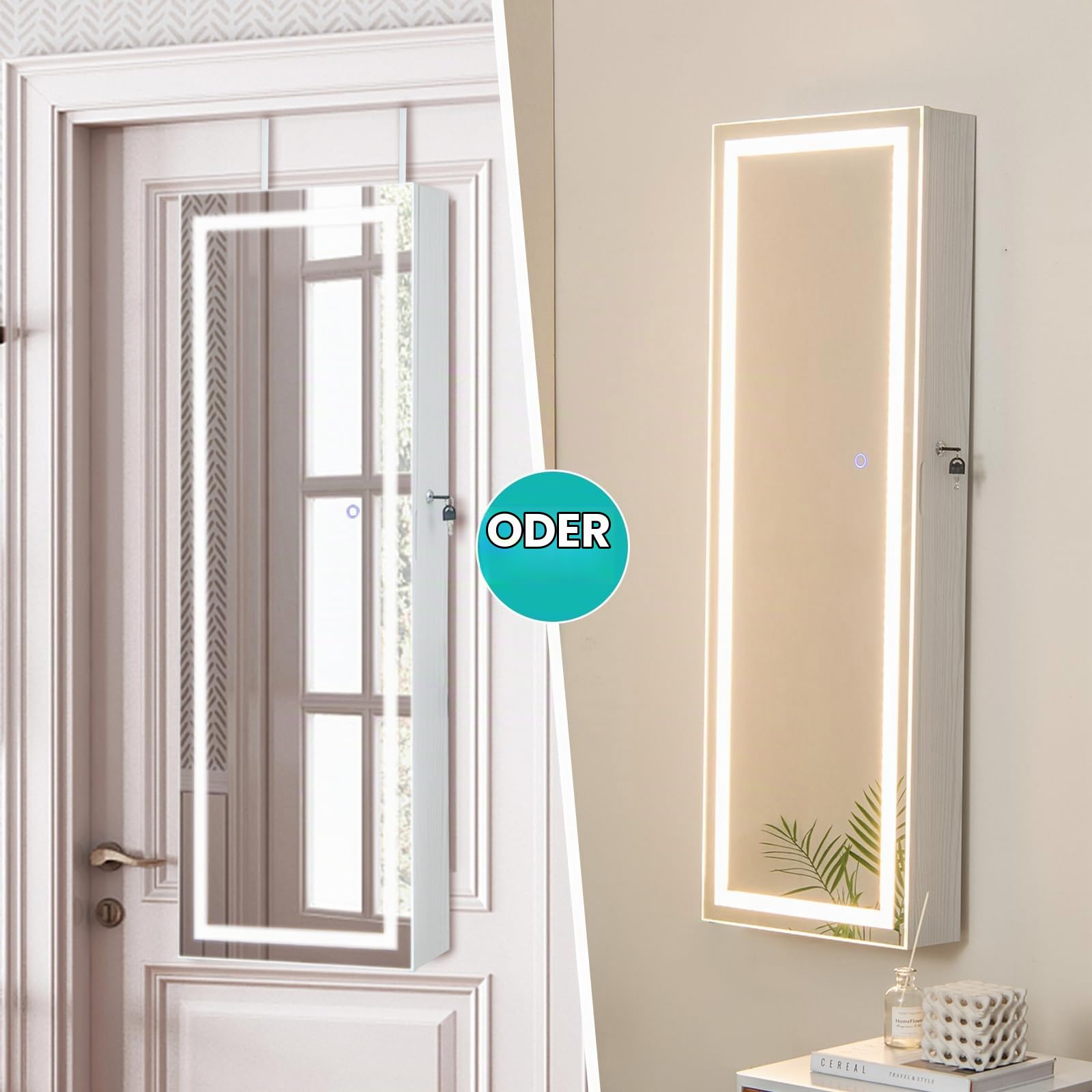 RELAX4LIFE Schmuckschrank mit 2 Spiegel & Touchscreen-LED-Licht, Schmuckregal mit Schloss, Schmuckorganizer für Ohrringe & Armband & Kette & Ringe & Kosmetik, Tür- & Wandmontage (Weiß)