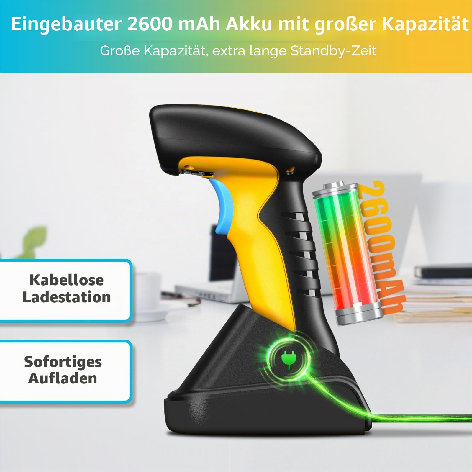 NETUM Industrie QR Barcode Scanner Bluetooth mit Dockingstation, 1D/2D Kabelloser Scanner, 2600mAh Akku, Stoßfest Staubdicht, Freihändig, Kompatibel mit Windows, Mac, Android und iOS (RD-1200)