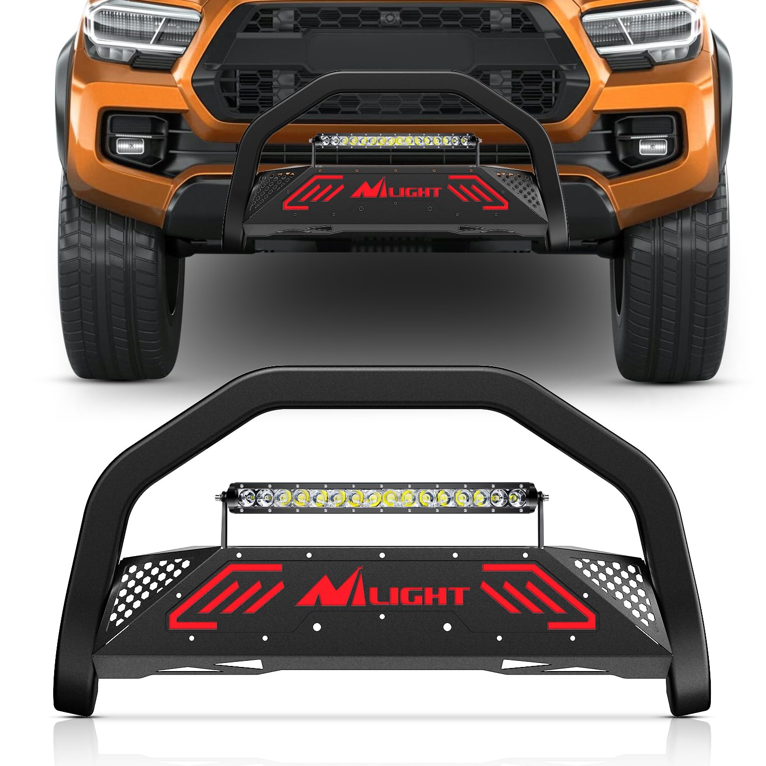 Nilight Bull Bar with Light Bar for Toyota Tacoma 2016-2023 | Includes License Plate Hole Brush Guard, Front Bumper Push Bar w/Grille Skid Plate Light Mount