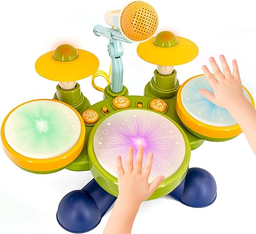 Miniatura 7 de Juego de batería para niños pequeños, instrumentos musicales para niños, juguetes para regalos de cumpleaños de niños, kit de batería eléctrica para