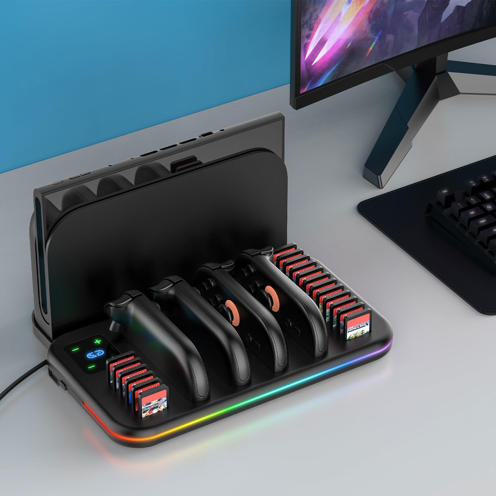 JORREP Supporto per Nintendo Switch 2 con Stazione di Ricarica, Porta Giochi e Dischi, 4 Joy Con in Ricarica, LED di Stato