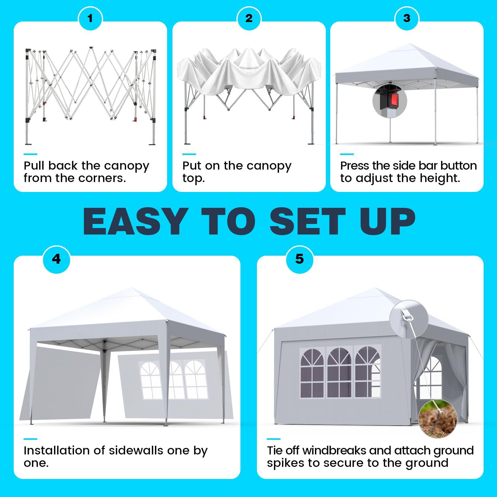 Tonnelle de Jardin 3x3m,Tonnelle Pliante,Tente de Camping avec 4 Côtés、Sac de Transport,Imperméable,Anti UV50+，Hauteur Réglable，Tente Réception,Barnum Pliante pour Exterieur Party Festival,Blanc