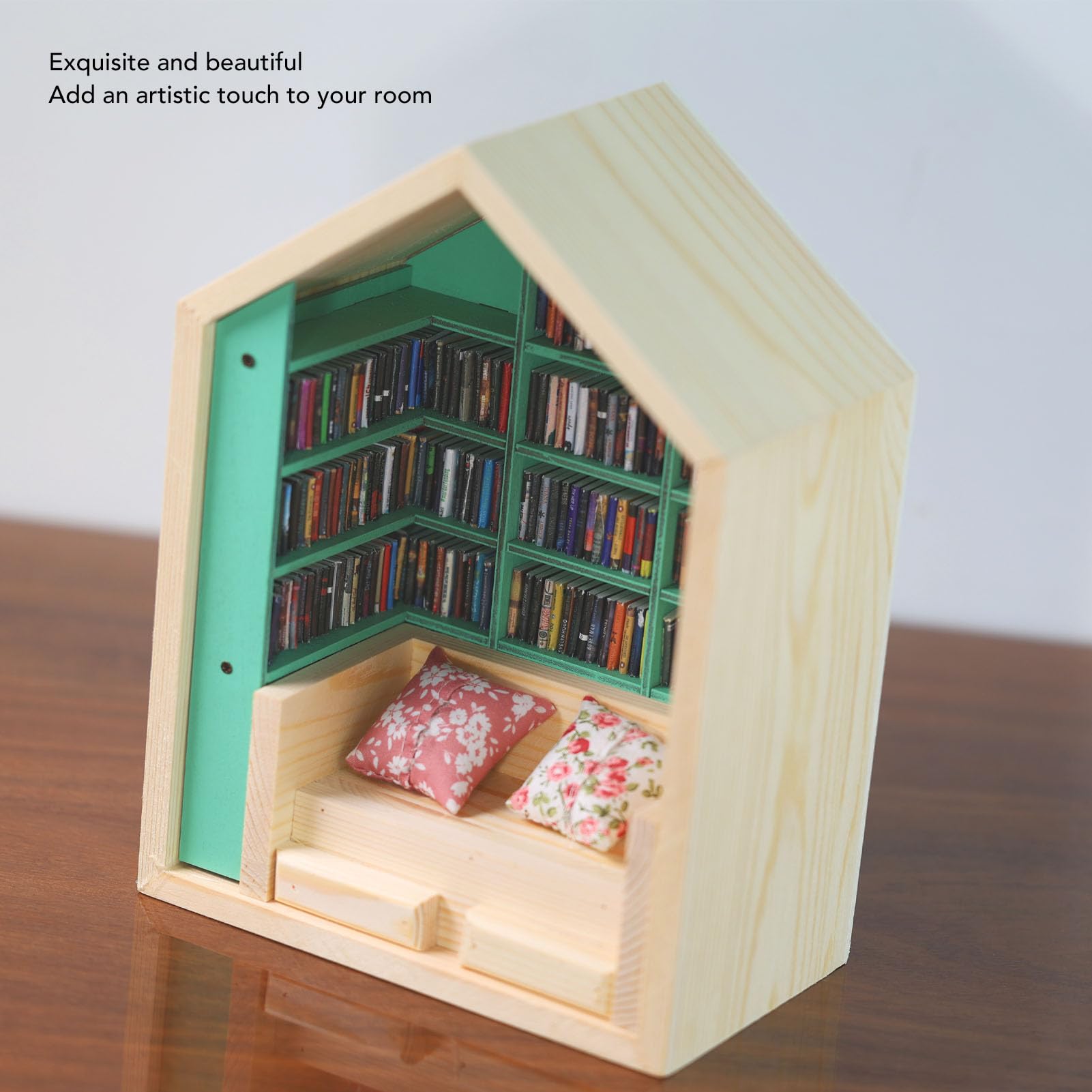 Duokon Bücherregal-Minihaus-Set, Winziges Haus-Set aus Kiefernholz mit 200 Buchdetails, 2 Kissenornamenten, Dekoratives Bücherregal, Akzent für Schlafzimmer, Arbeitszimmer, Schreibtisch,