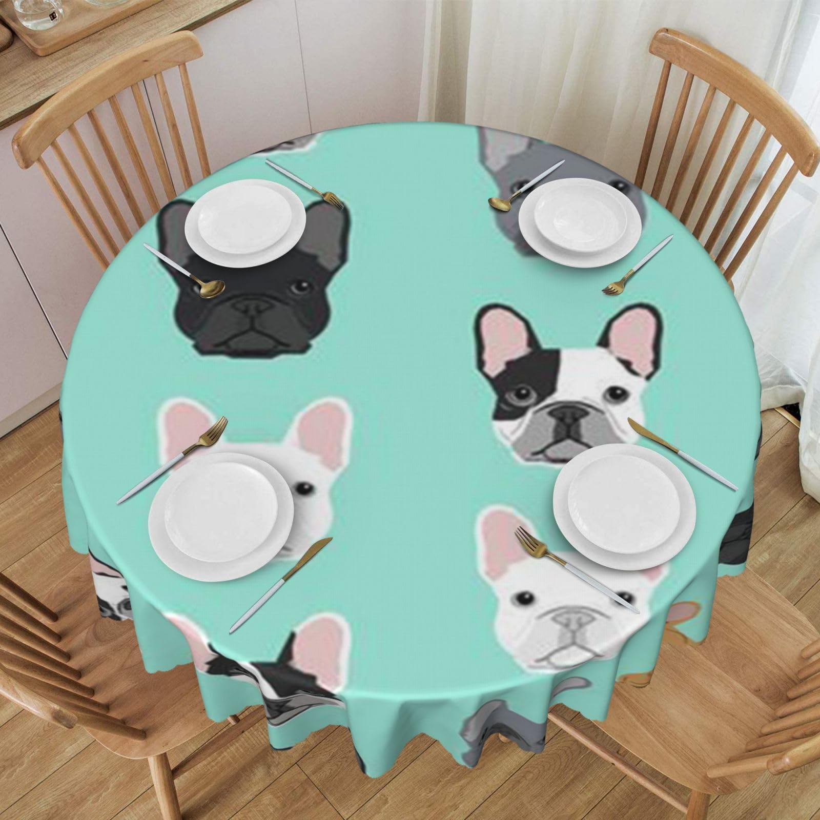 DCEHGEW 60 In Round Tablecloth with Lace, French Bulldog Printed Oilproof & Washable Fabric Picnic Table Cloth Table Covers