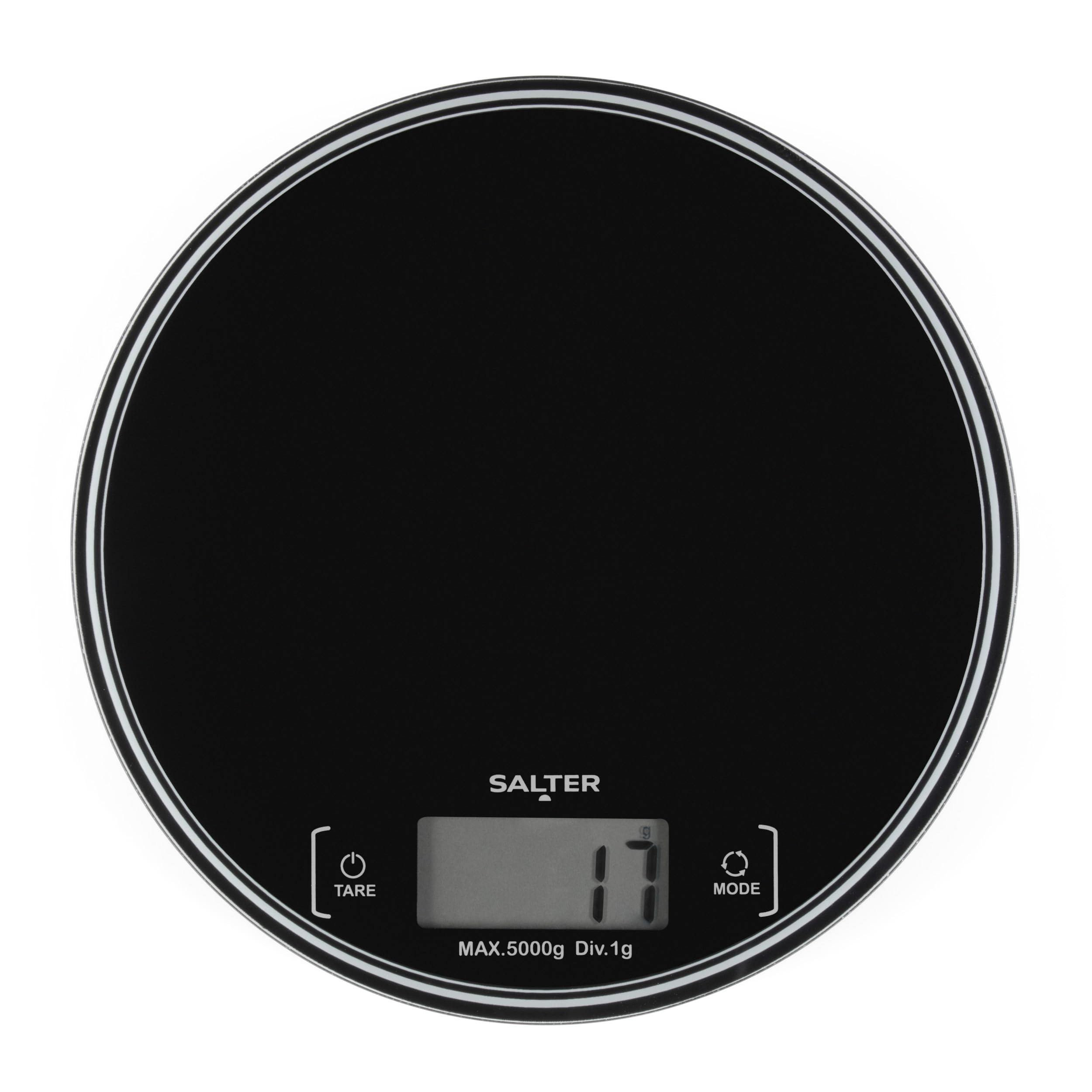 Salter SA00595BCFEU12 Round Kitchen Scale – Digital Food Weighing Scales for Baking & Cooking, Measures Liquids & Fluids, Easy Read LCD Display, Tare/Zero Function, Slim Compact Design, 5kg Capacity