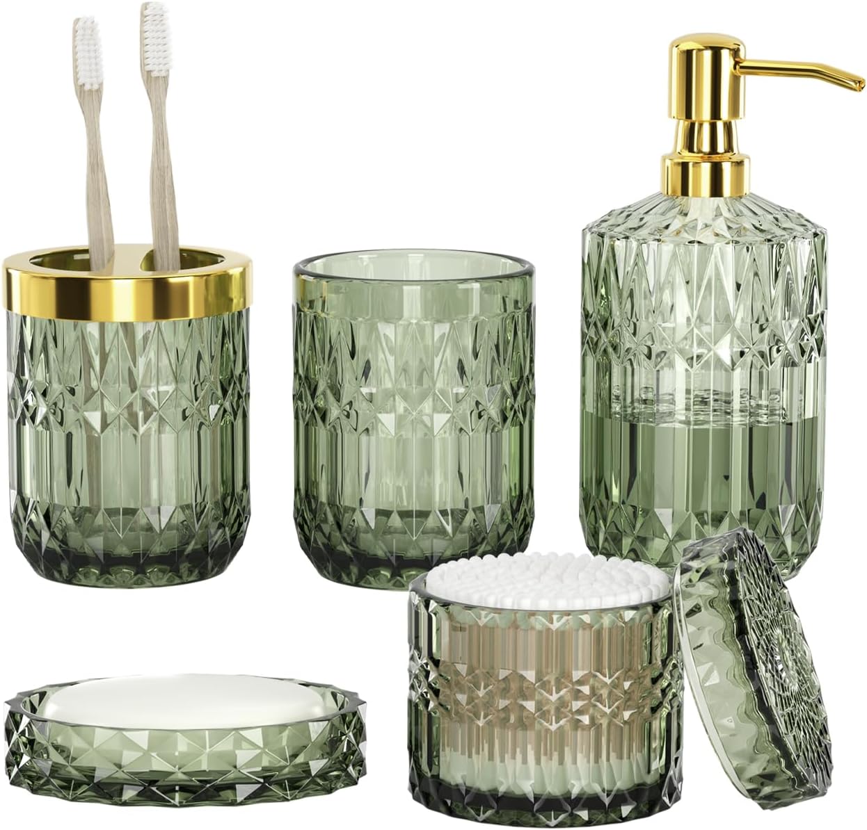 Green Bathroom Accessories Set – 5 PCS Glass Bathroom Decor with Soap Dispenser & Soap Dish & Toothbrush Holder & Tumbler & Cotton Swab Jar – Bathroom Accessory Set for Vanity Green Bathroom Accessories Set – 5 PCS Glass Bathroom Decor with Soap Dispenser & Soap Dish & Toothbrush Holder & Tumbler & Cotton Swab Jar – Bathroom Accessory Set for Vanity