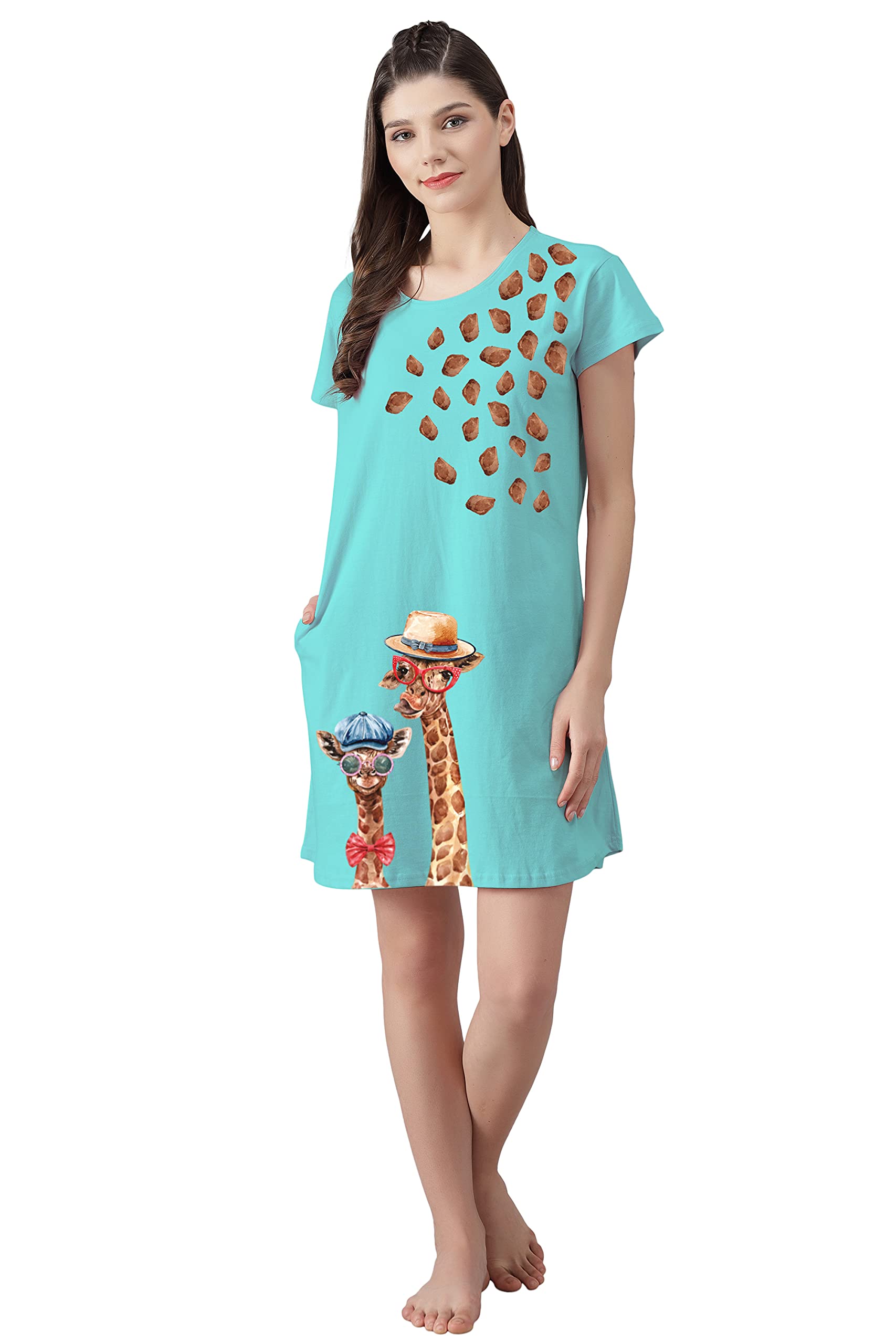 Women’s Cotton Nighty | Printed Knee Length Nighty | Short Sleeve Night Gown | Short Nightdress | Long T-Shirt | Regular Fit Night Gown | Nightwear Long Top