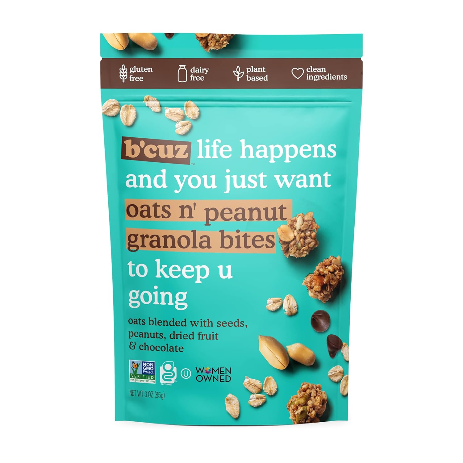 B'cuz Granola Bites 4-Bag Gluten Free Healthy Snacks for adults, Healthy Granola Gluten Free Snack - Kosher Snacks for Kids, Vegan Snack - 3 oz Oats 'n Peanuts (Pack of 4)