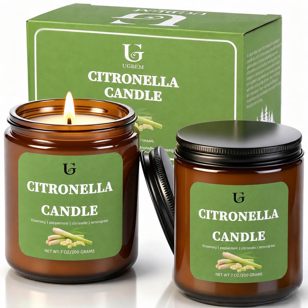 Citronella Candles Outdoor, Natural Soy Wax Citronella Scented Jar Candle for Summer, 7oz Large Lemongrass Candle, 50 Hours Burn Time, Indoor and Outdoor Candles for Patio, Garden & Camping, 2 Packs