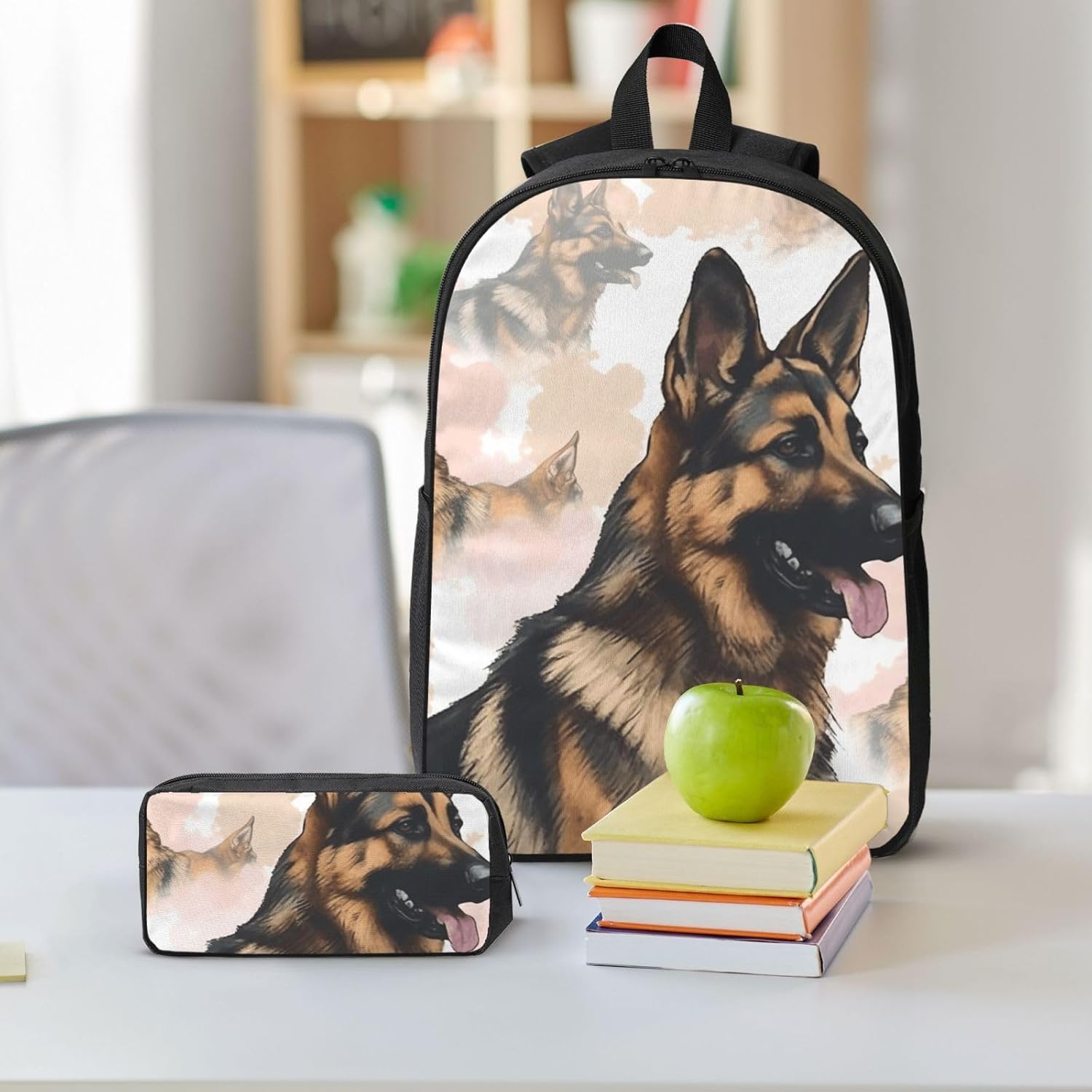 3PCS German Shepherd Dog Lovers Backpack Set with Insulated Lunch Box Pencil Pouch, 17inch Lightweight Laptop Bags Shoulder Lunch Bag and Pencil Case Bag 3-in-1 Set