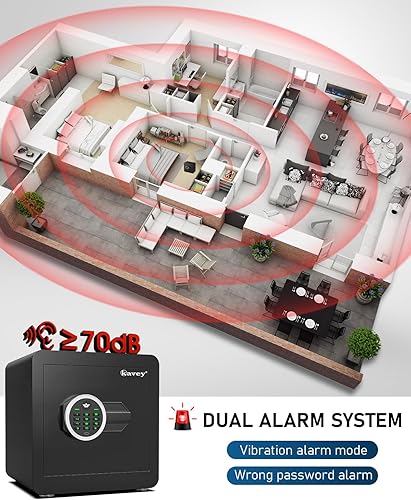 Miniatura 7 de Kavey Caja fuerte de 1.2 cachorros, caja fuerte para el hogar con teclado digital y sistema de alarma doble, caja fuerte para dinero con función de