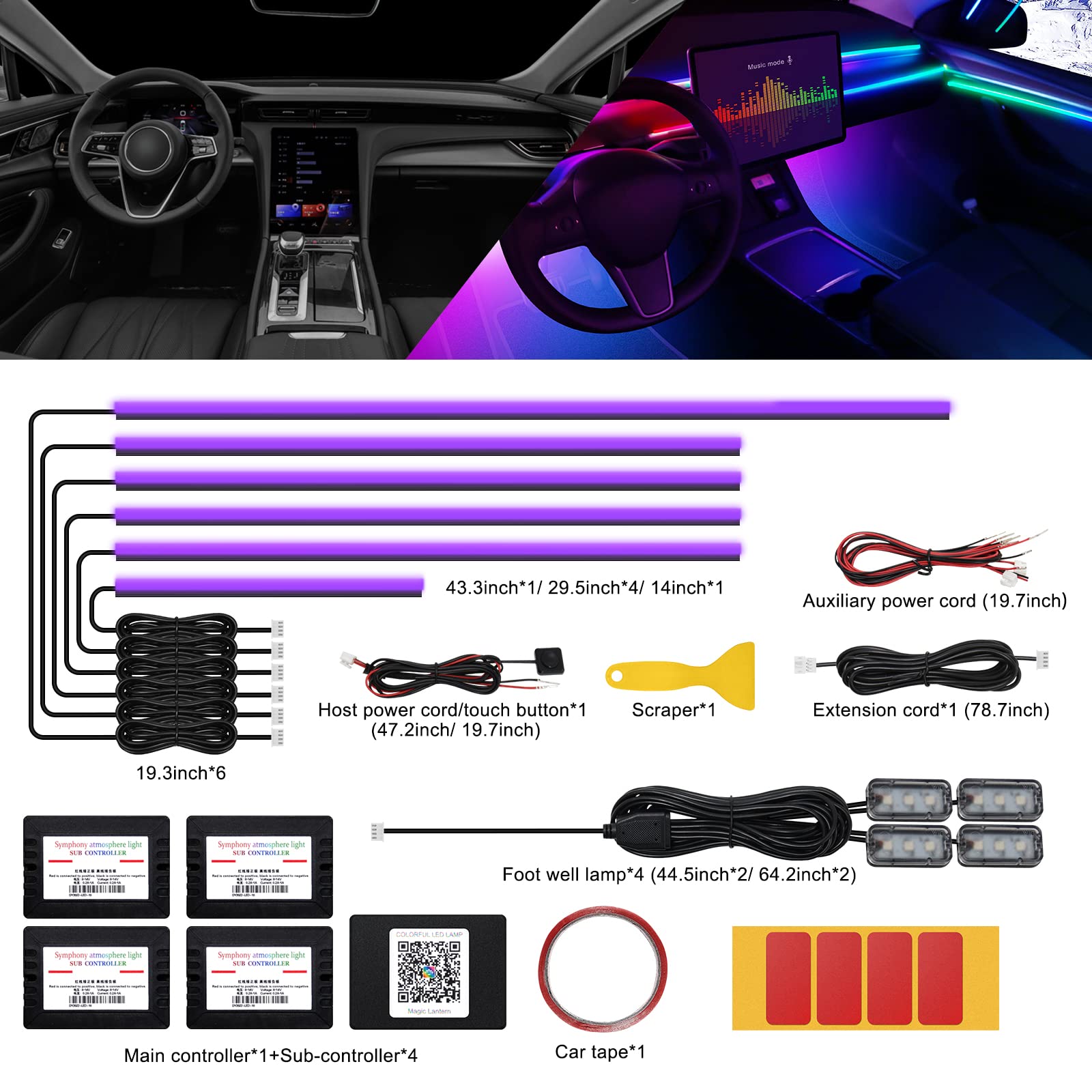 Tira de luces LED para interior de coche con aplicación inalámbrica, RGB 10 en 1 con 175 pulgadas, 593 LED de fibra óptica, 16 millones de colores, sincronización a función musical, tira LED para