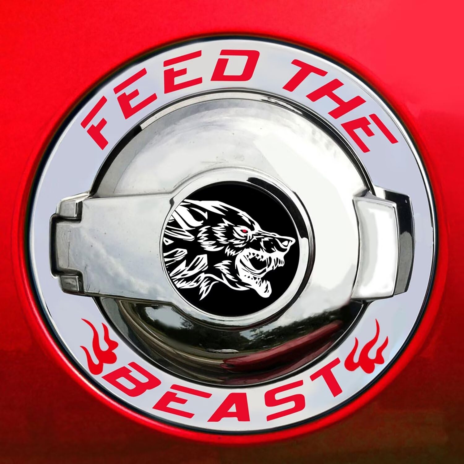 TOOLEPIC for Dodge Challenger Accessories-Snarling Wolf Fuel Gas Tank Door Cover Overlay with Feed The Beast Design,Unique Car Accessory Perfect for Customization [Gas Tank Cover Not Included]