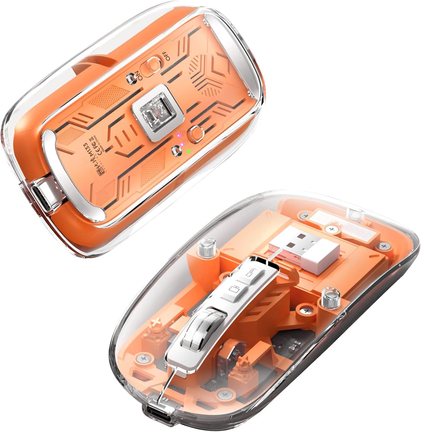 MICROWARE Transparent Wireless Mouse BT5.1/2.4G Bluetooth Mouse Rechargeable Mute Mouse Compatible Mac,iPad,Mack-Book,Laptop, and PC (Orange)
