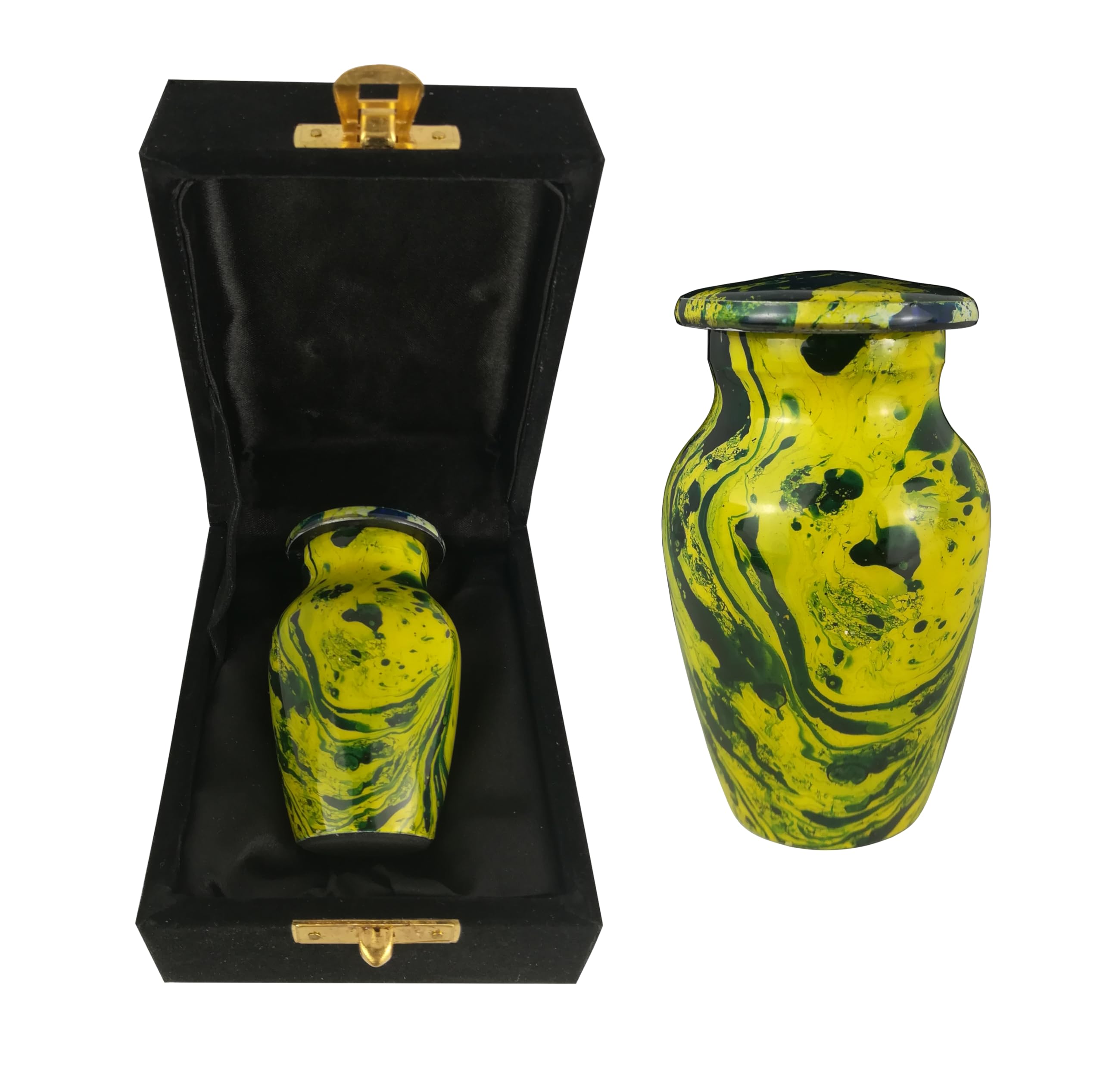 Keepsake Urns for Human Ashes and Pet Ashes Small Mini Cremation Metal Memorial Container Token with Presentation Case and Bag (Green and Yellow Swirl)