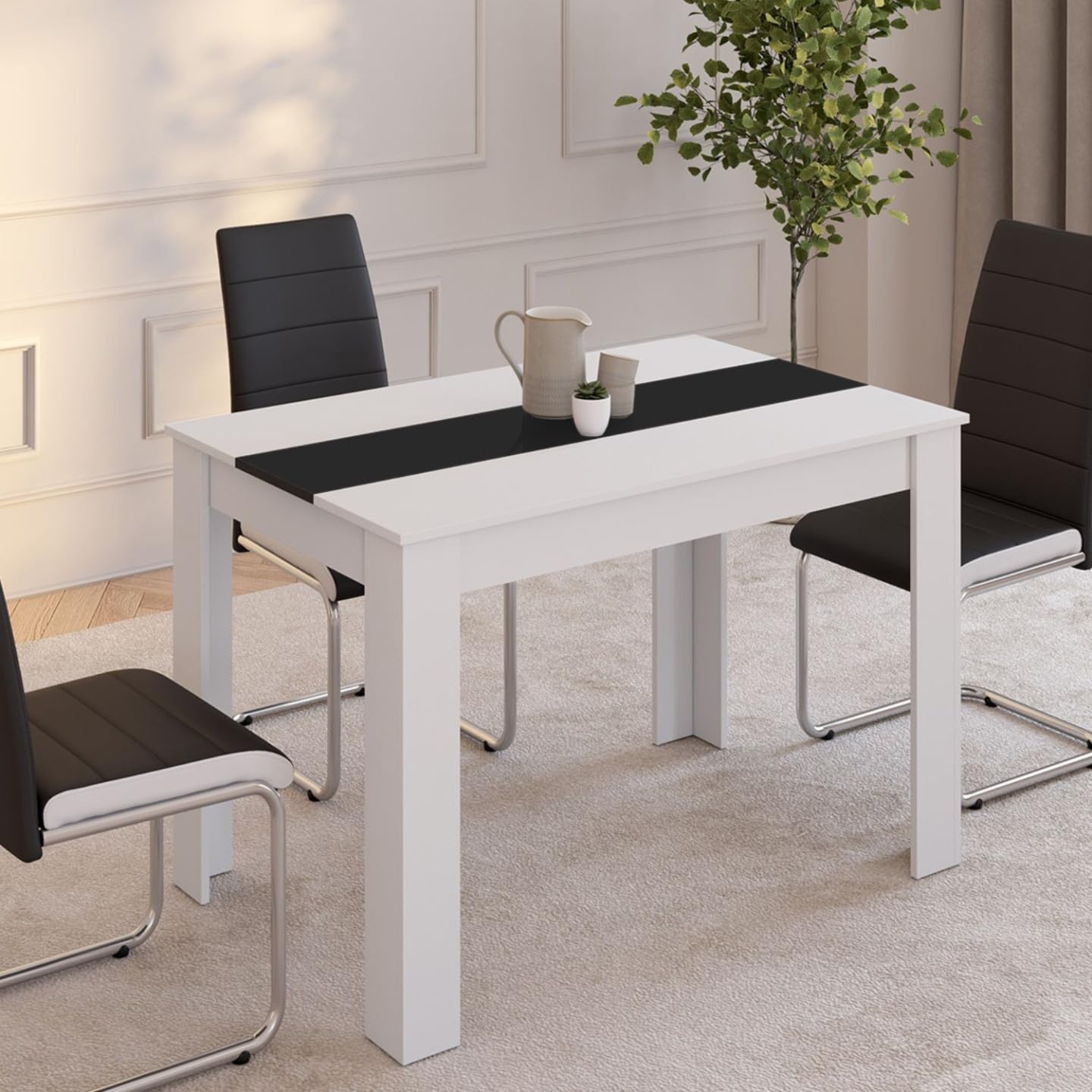IDMarket ROZY - Mesa de comedor rectangular para 6 personas, 110 cm, color blanco y negro