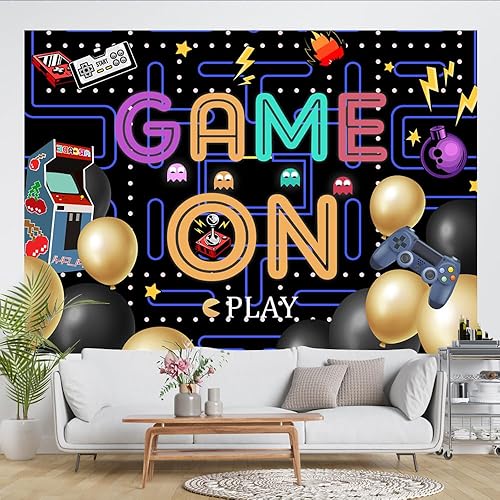 Miniatura 5 de Lofaris Juego en telón de fondo de video juego para niños, fondo de fotografía de cumpleaños, luces coloridas, suministros de fiesta, decoración de