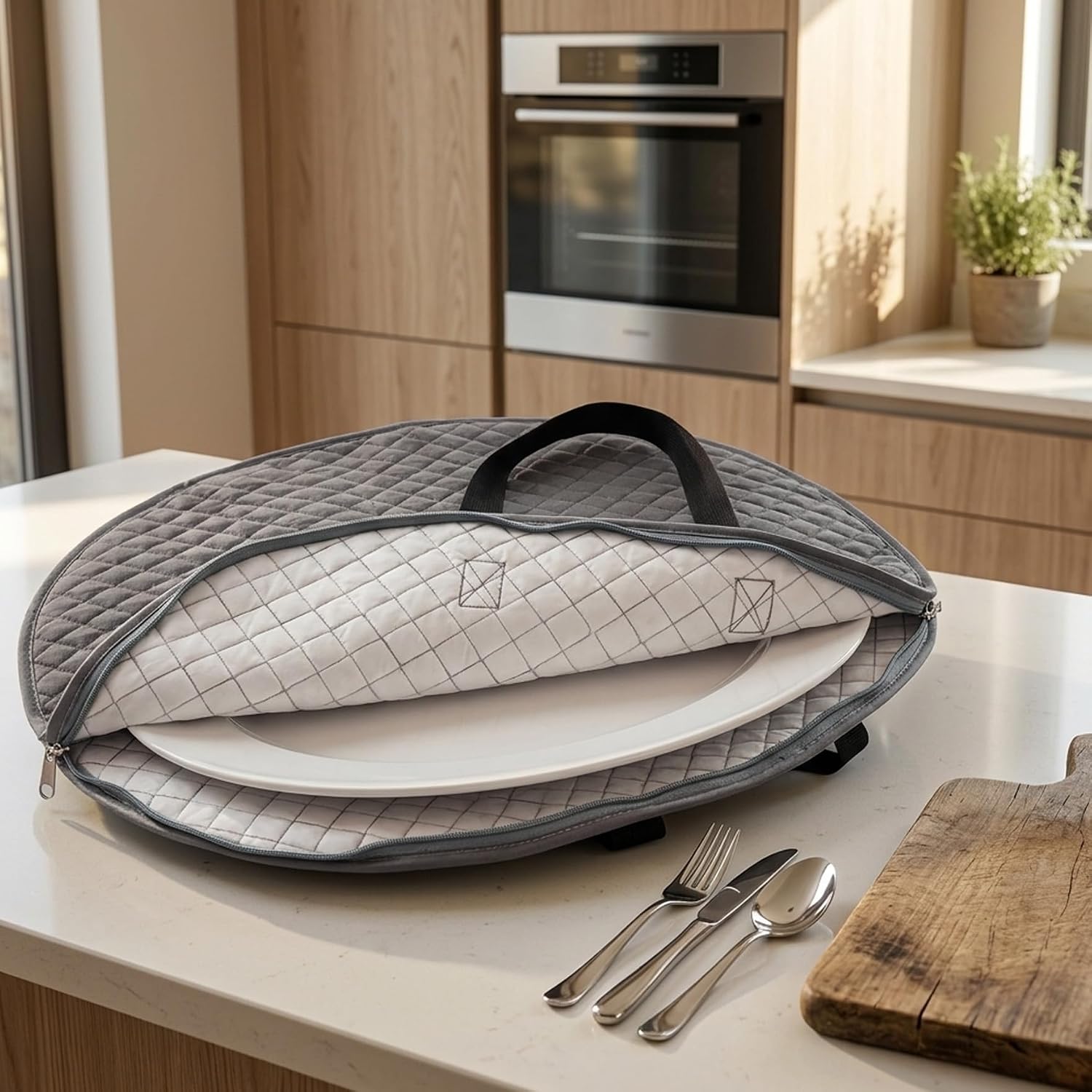 Klmnop 2 Pcs Large Platter Storage Case (22 x 17 Inches) - Stackable Quilted Containers for China & Serveware, Plate Storage Protectors with Label Holder for Cabinet Organization(DarkGrey)