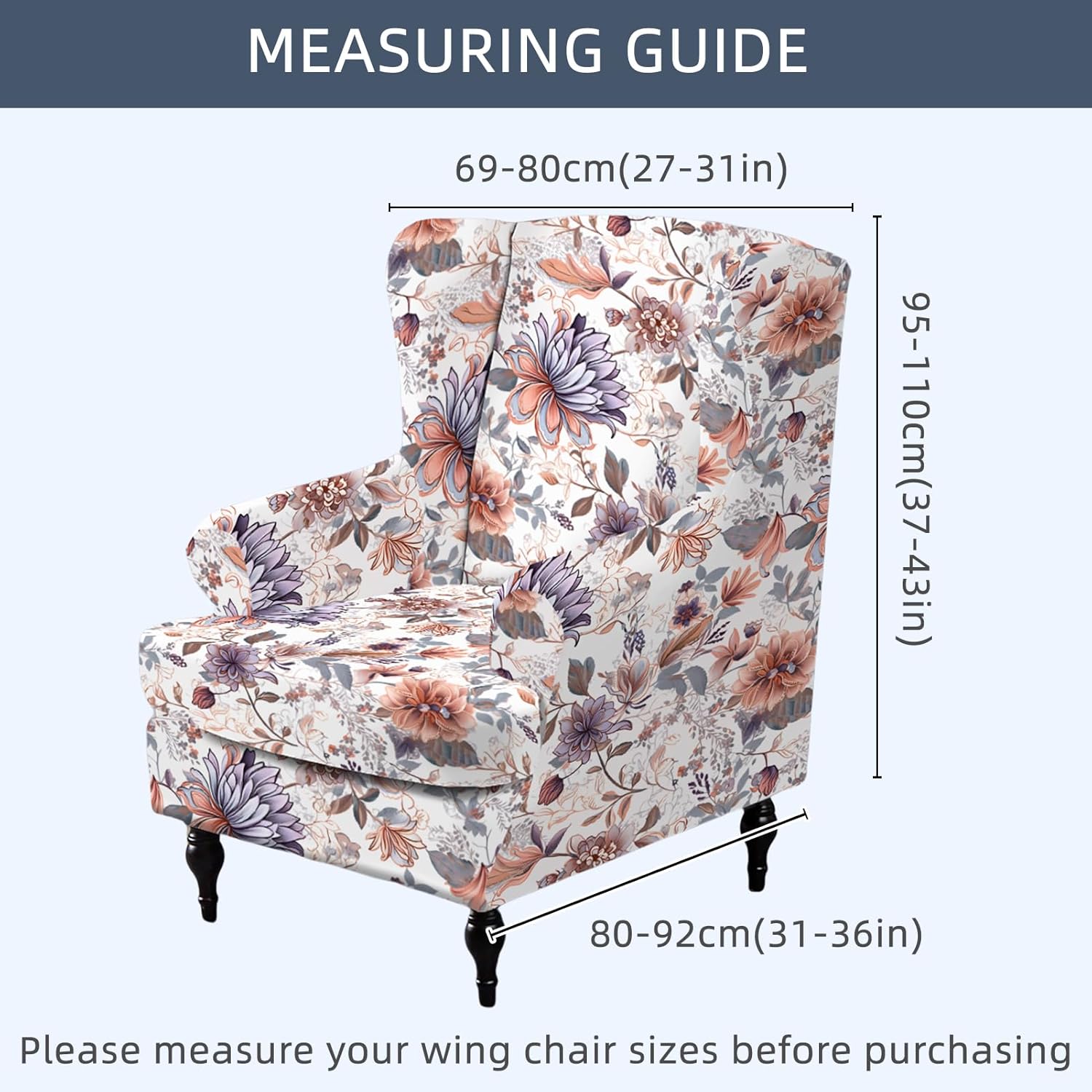 Printed Wingback Armchair Cover Slipper Chair Slipcover Farmhouse Washable Furniture Protector for Living Room Hotel Bedroom Orange Floral