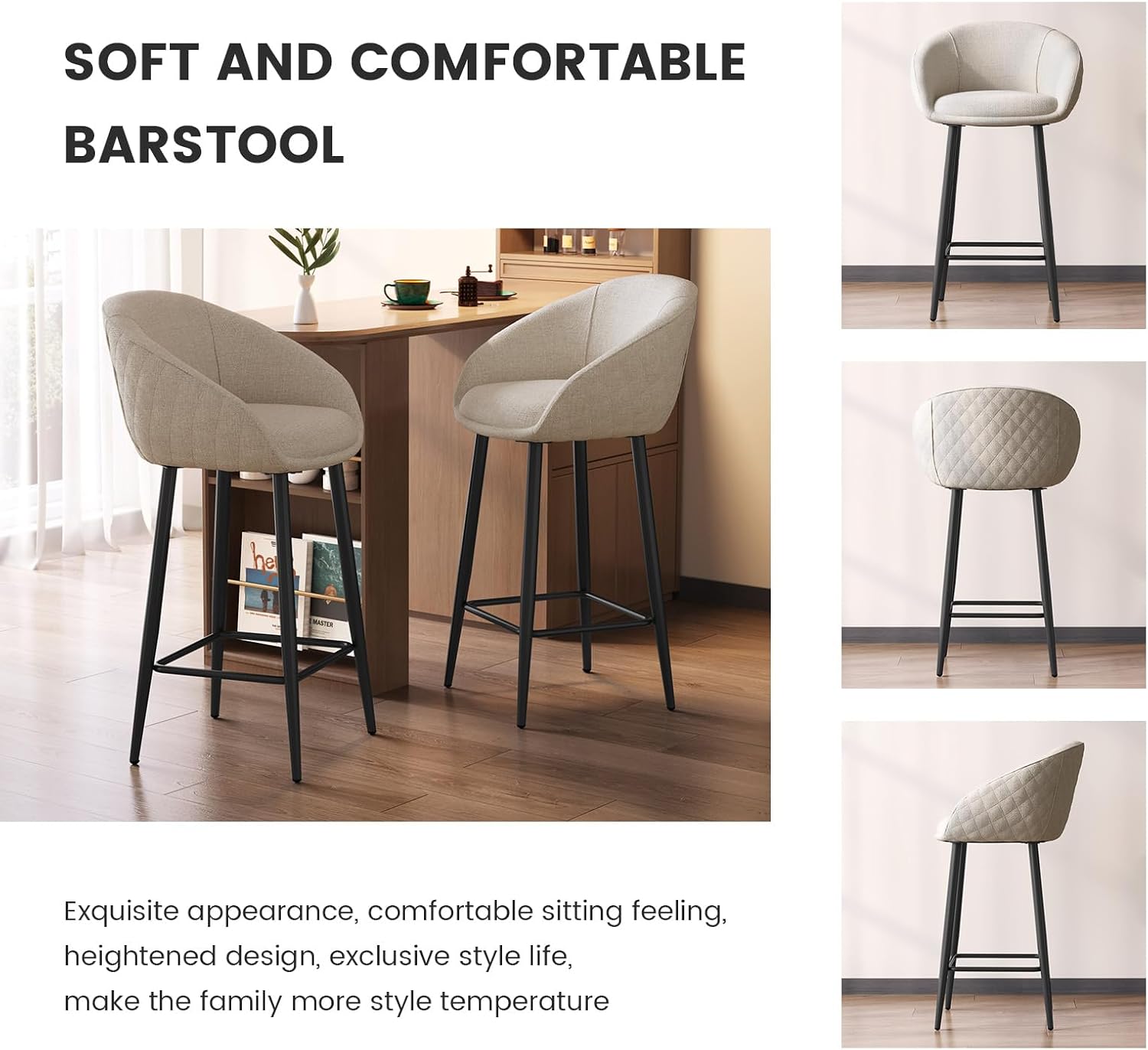 26" Counter Height Bar Stools Set of 2, Upholstered Bar Chairs with Curved Back, Linen Fabric Seat, Metal Legs & Footrest, Modern Barstools for Kitchen Island & Dining Room, White