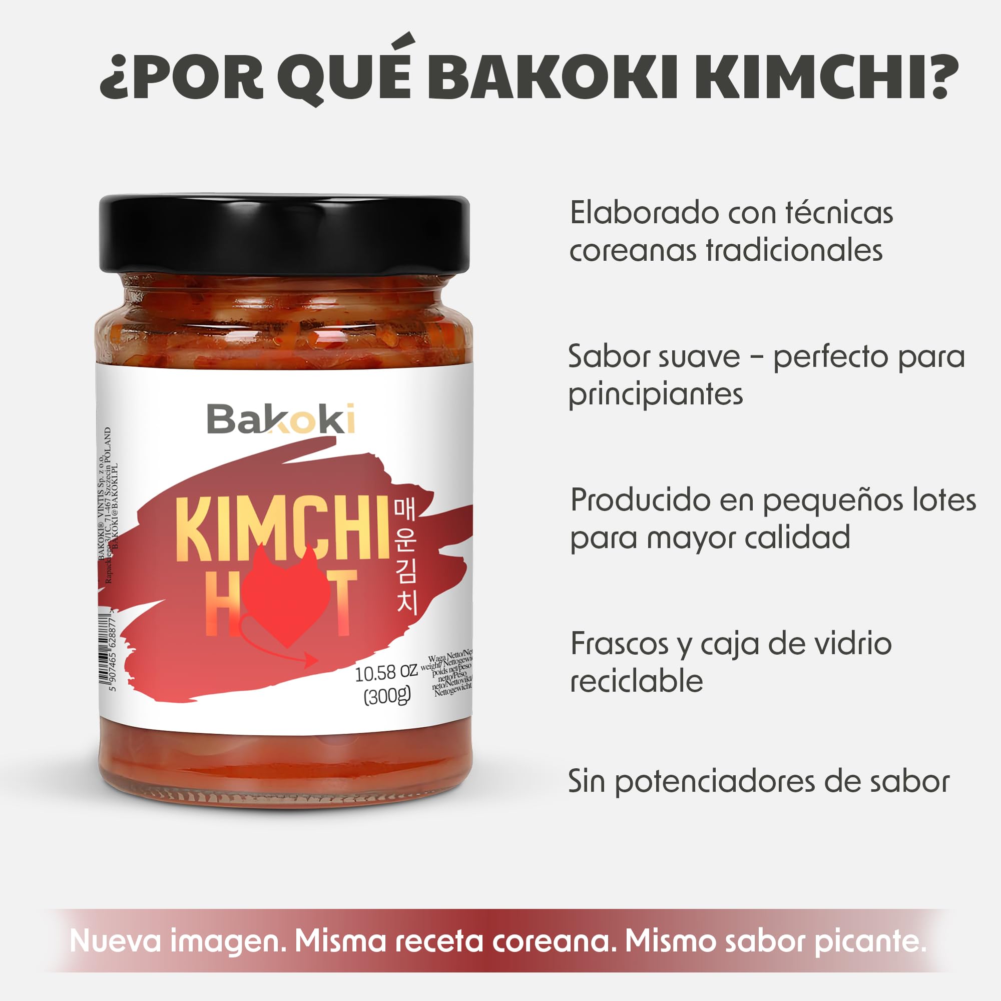 Bakoki Premium 매운 김치 Hot‑Kimchi (Gochugaru) – kimchi coreano picante de repollo napa fermentado probiótico umami 2 × 300 g