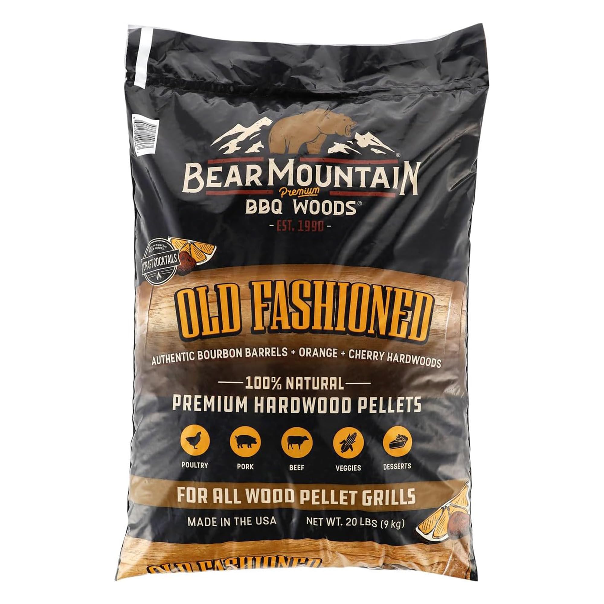 Bear Mountain BBQ Premium Old Fashioned Smoker Pellets, All Natural Hardwood Pellet Mix with Bourbon, Orange & Cherry for Outdoor Grilling, 20 Lb Bag