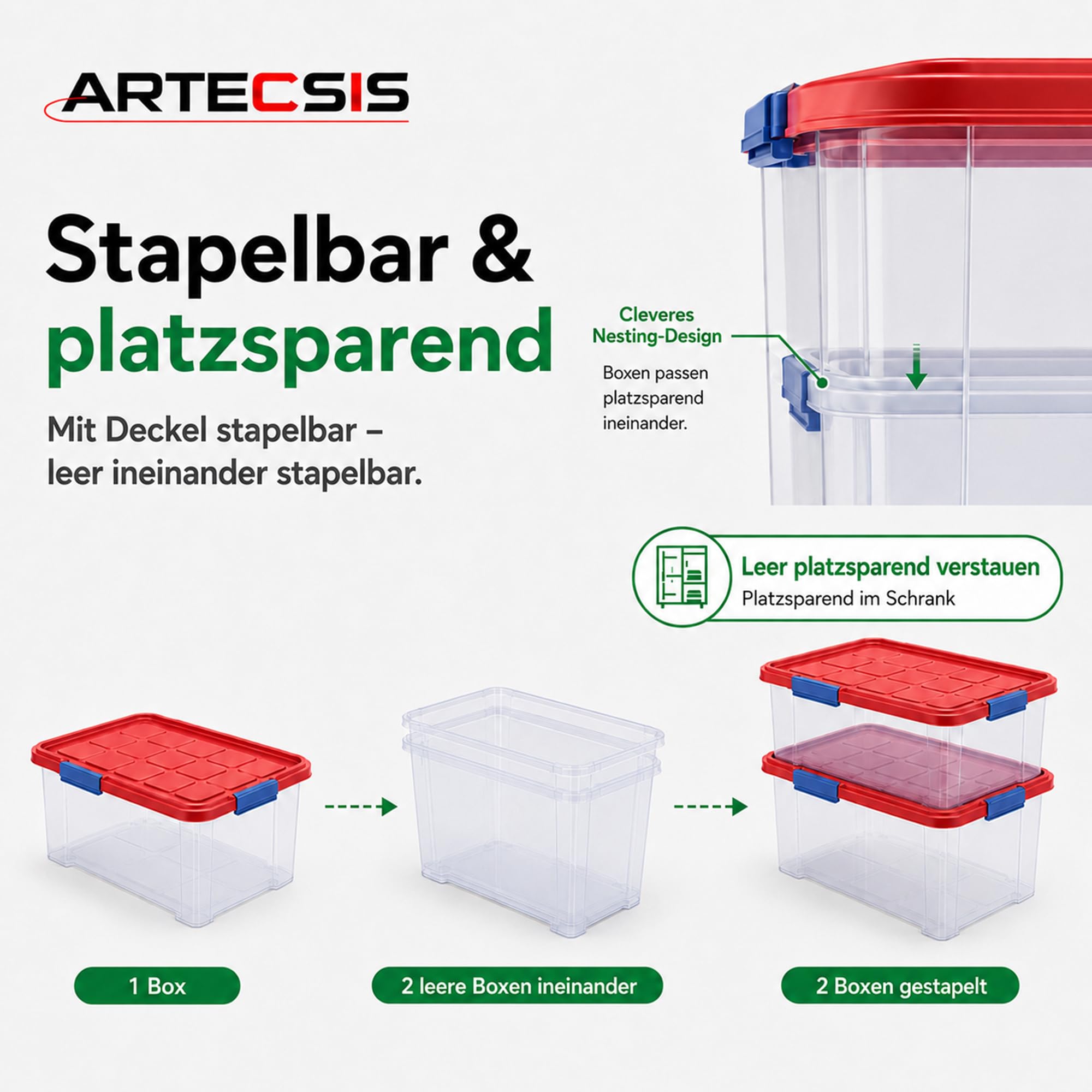 ARTECSIS 4 x Aufbewahrungsboxen aus Plastik M, 15L - 40 x 29 x 21 cm, aufbewahrungsbox mit Deckel, Eurobox, stapelbar