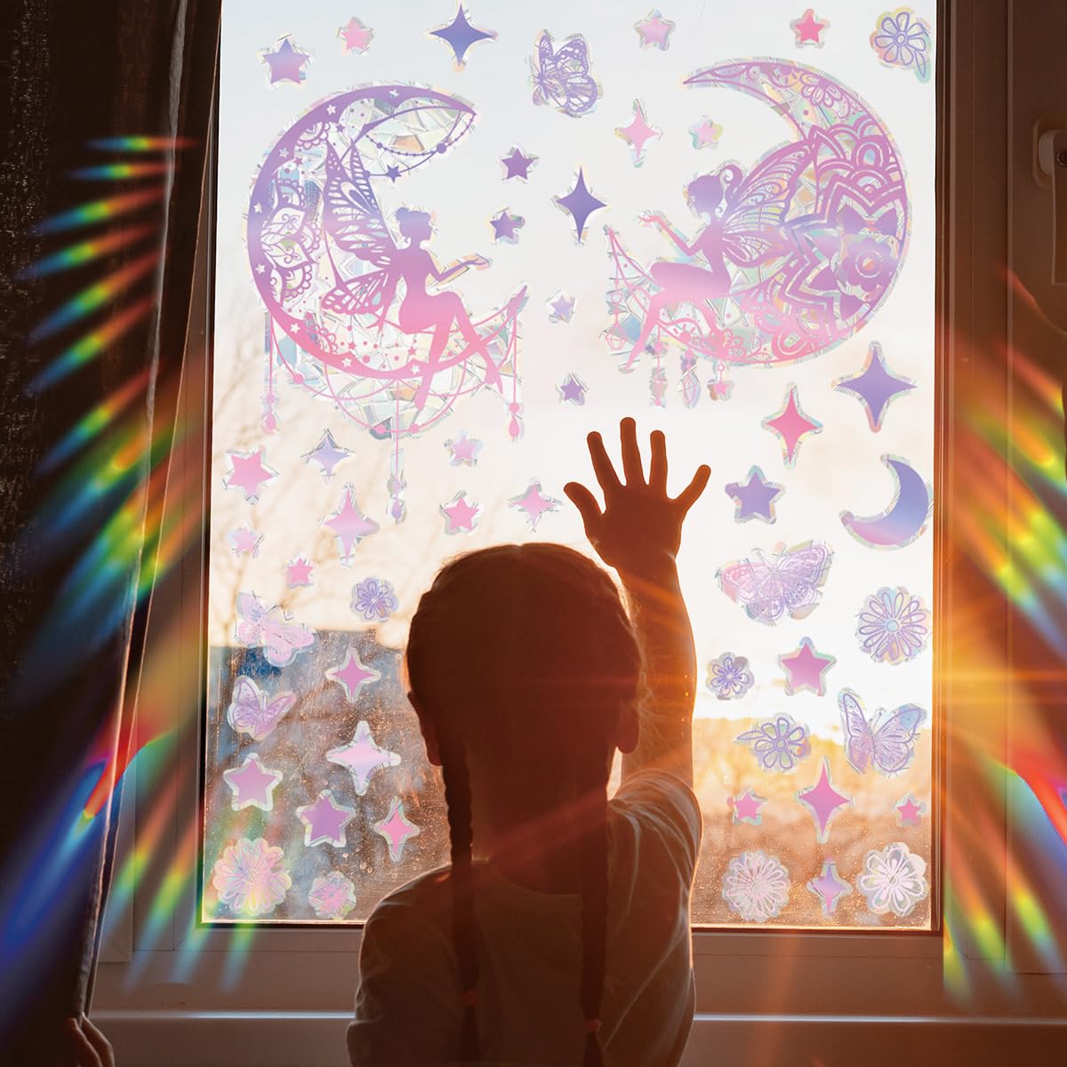 Pegatinas de Apegado Estático de Hada en Dibujos Animados Rosa Luna y Estrella Pegatinas Eléctricas para Ventanas Eliminables para Dormitorios y Salones de Niñas