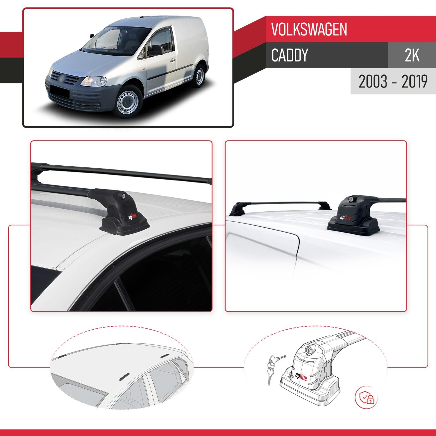 Compatible con Volkswagen Caddy (2K) 2003-2019 Modelo Ace-3 Barra de Techo Auto Portaequipajes Barras Transversales Negro Aluminio 2 Barras