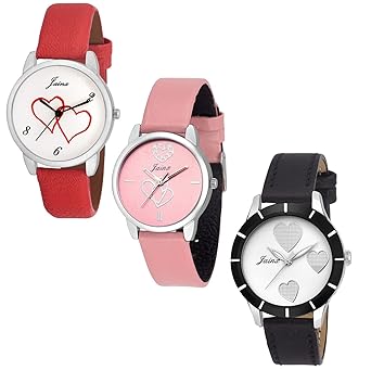 JAINX Analogue Womens Watch (White & Pink Dial Red, Pink & Black Colored Strap) (Pack of 3)