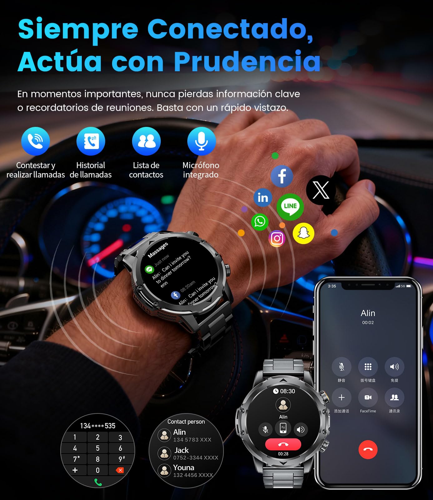 Reloj Inteligente Hombre Militar LED Linterna/1000mAh Batería/3 Correas, 1.53"Smartwatch Hombre con Llamadas, 120+ Modos Deportivos, 5ATM Impermeable Pulsómetro Podómetro Android iOS Negro Acero