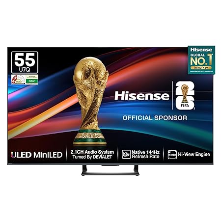 Hisense 139 cm (55 Inches) 4K QLED Mini LED Smart TV | 900 NITS Peak Brightness | 144Hz Game Mode | Dolby Vision IQ & Dolby Atmos | 2.1 CH 40W Speakers (Built-in Subwoofer) | VIDAA OS | 55U7Q (Black)