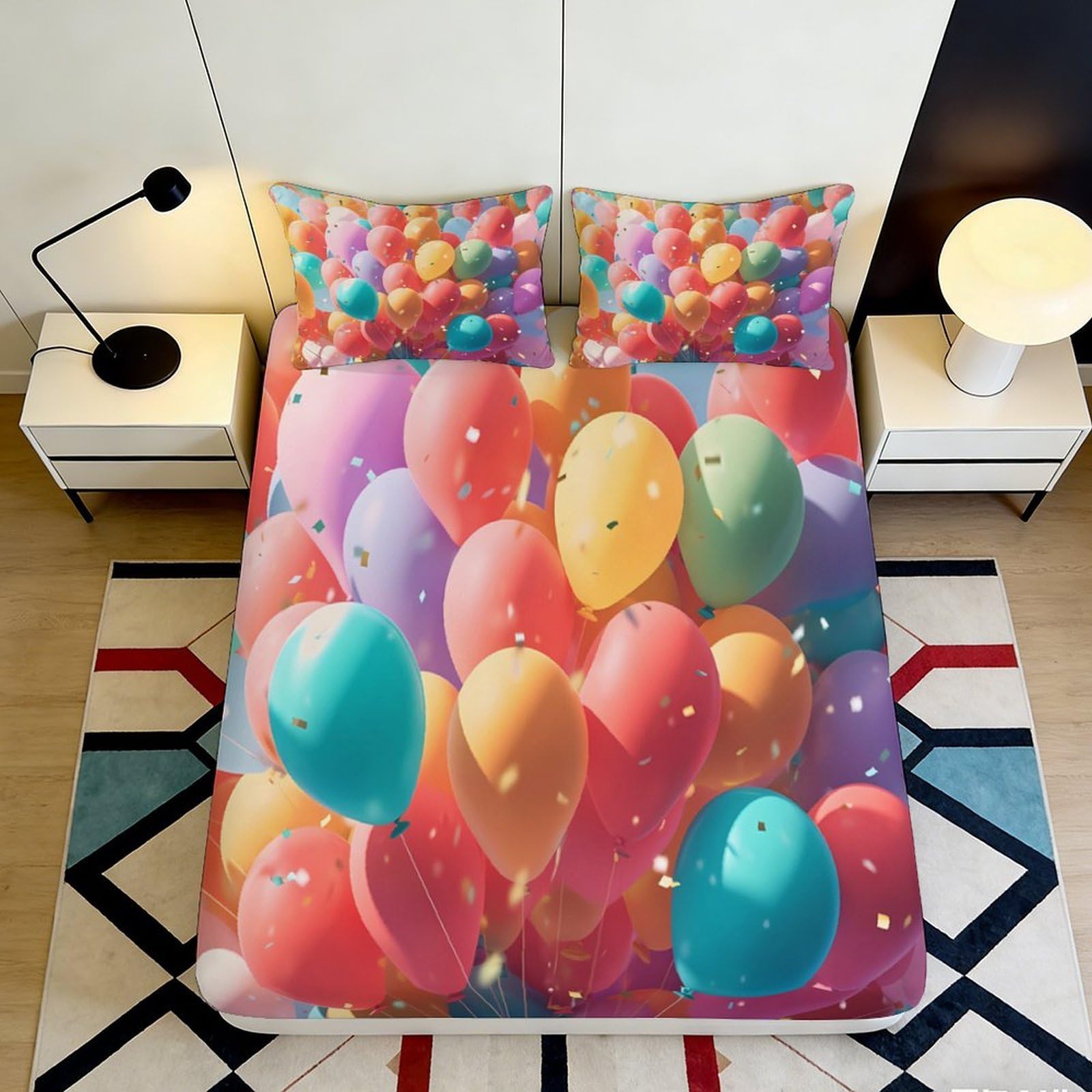 3D Printed Colorful Balloons Fitted Sheet Microfiber Soft Breathable Confetti Bed Cover for Bedroom Dormitory Guest Room Mattress Protection Decor 90x200x25cm
