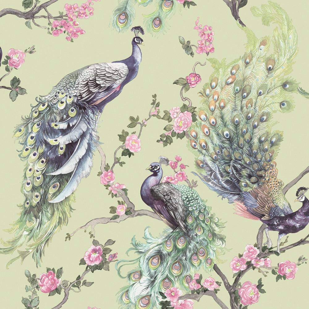 Yöl Green,Purple Menali Peacock Glitter Wallpaper Green Purple Birds Floral Vinyl Y�L