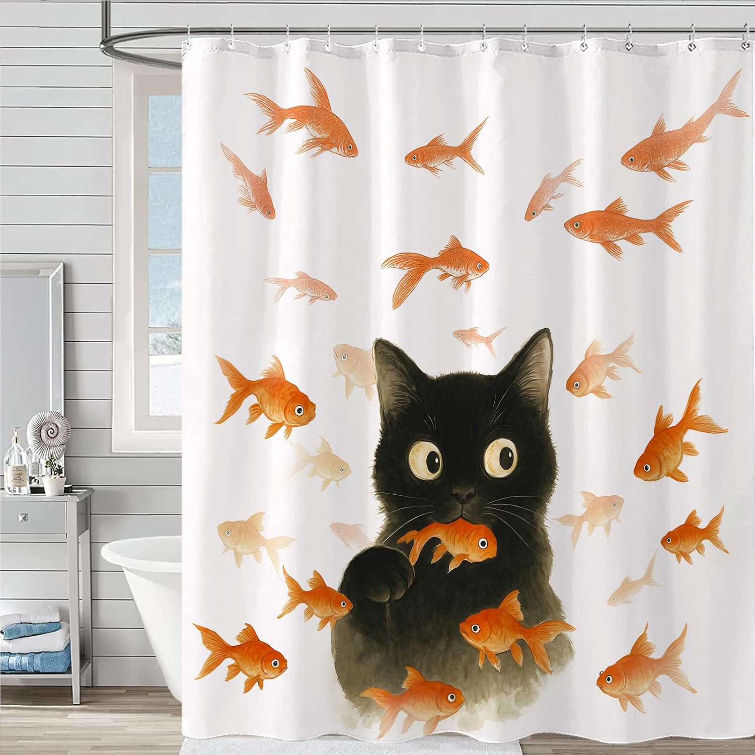 Modern Cat Shower Curtain Set Minimalist Fish Art Waterproof Bathroom Shower Curtain Serene Animal Print Stylish Home Decor 72x72 Inch