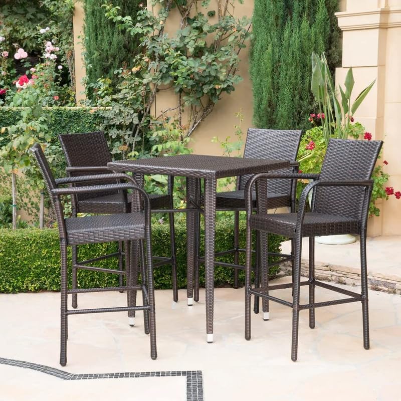 Image of OUTLIVING Patio Counter Height Rattan Wicker Bar Set with Square Table and 4 Bar Stools | Multipurpose 4 Seater Outdoor Furniture for Backyard, Garden, Balcony, Poolside, Porch, and Courtyard (Brown)
