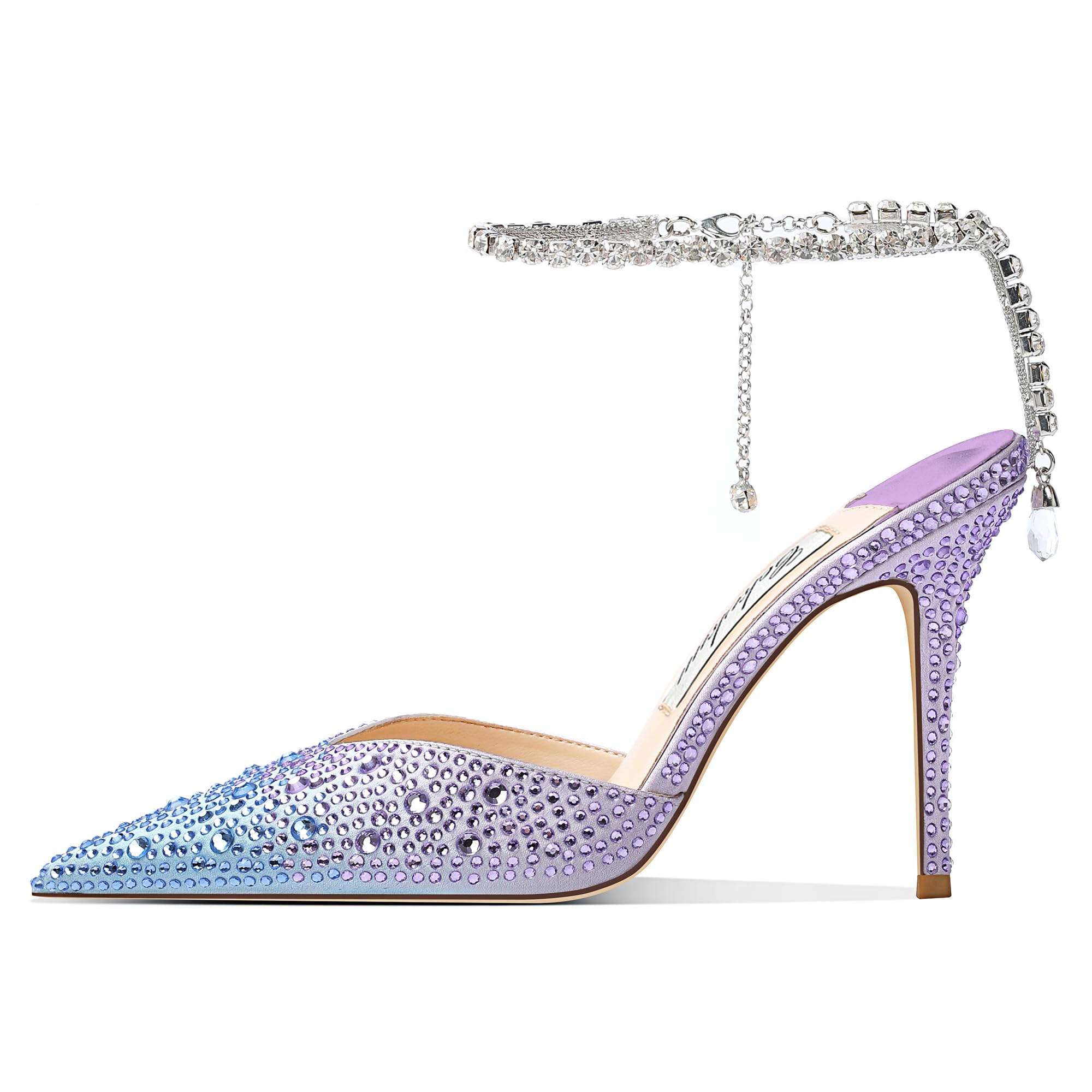 Women's Heeled Sandals Crystal Chain Ankle Straps Rhinestones Buckle High Heels Stiletto Slip On Wedding Party Satin Dress Shoes 3.9 IN