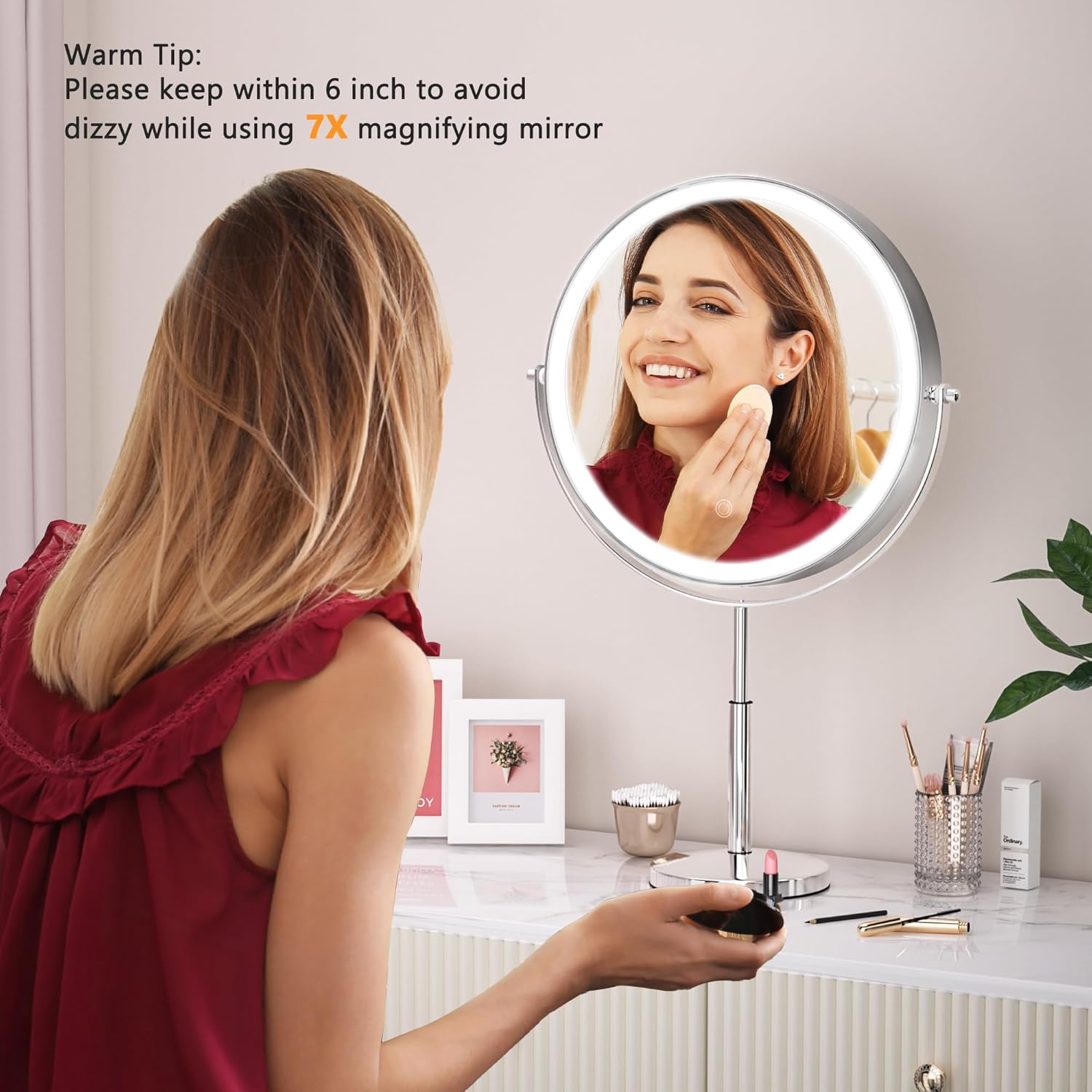 Hasipu 10” LED Makeup Mirror with 7X Magnification - Rechargeable Vanity Mirror, 3 Color Modes, Touch Control, 360° Rotation & Adjustable Height - Image 5