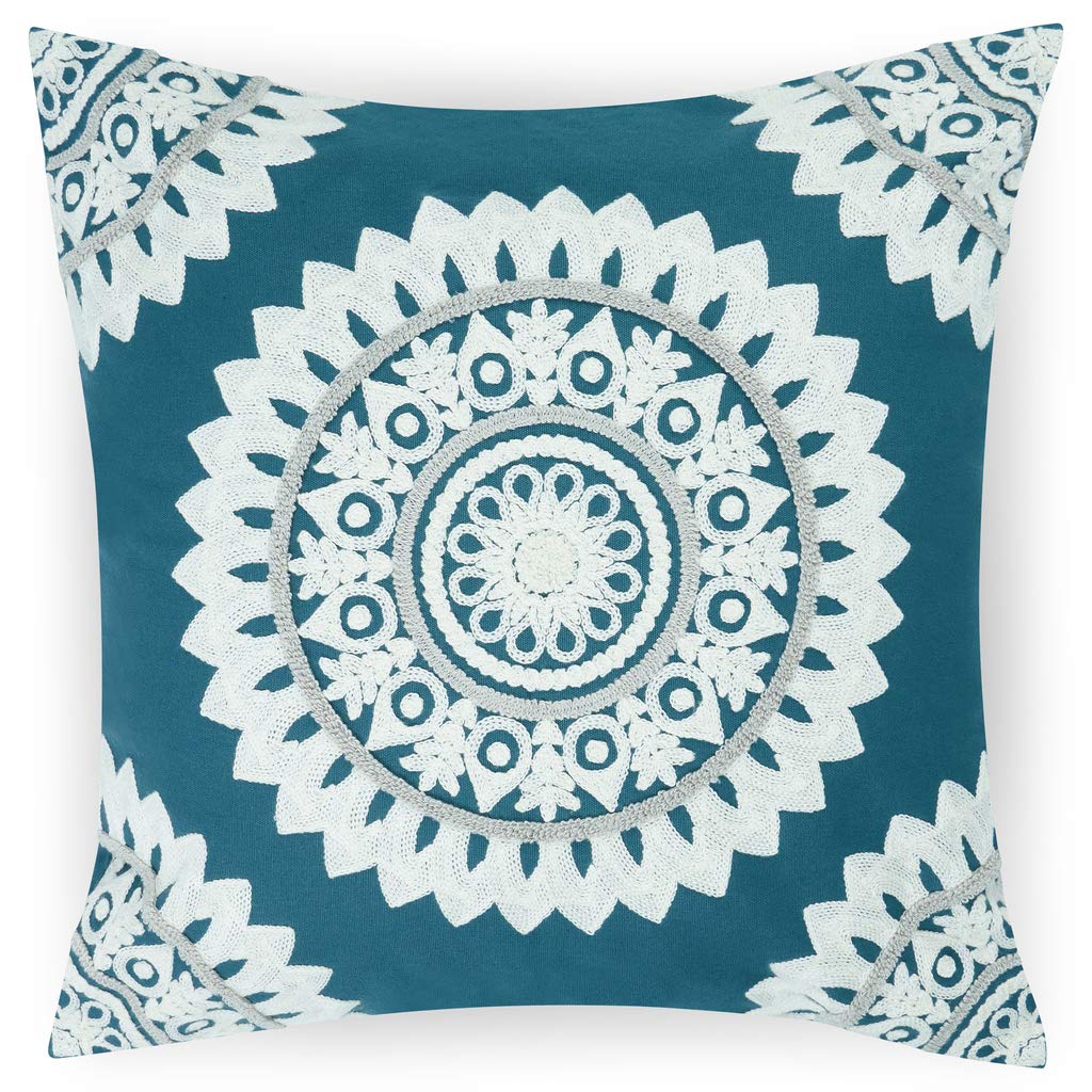 bāja london 1 Pcs Dark Green Ethnic Cushion Covers 45cm x 45cm Forest Green Boho Cushion Cover 18 x 18 Inch Teal Embroidered Mandala Indian Cotton Pillow Cover For Bed Sofa Decorative Pattern