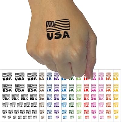 USA United States of America with Waving Flag Cute Temporary Tattoo Water Resistant Fake Body Art Set Collection - White (One Sheet)