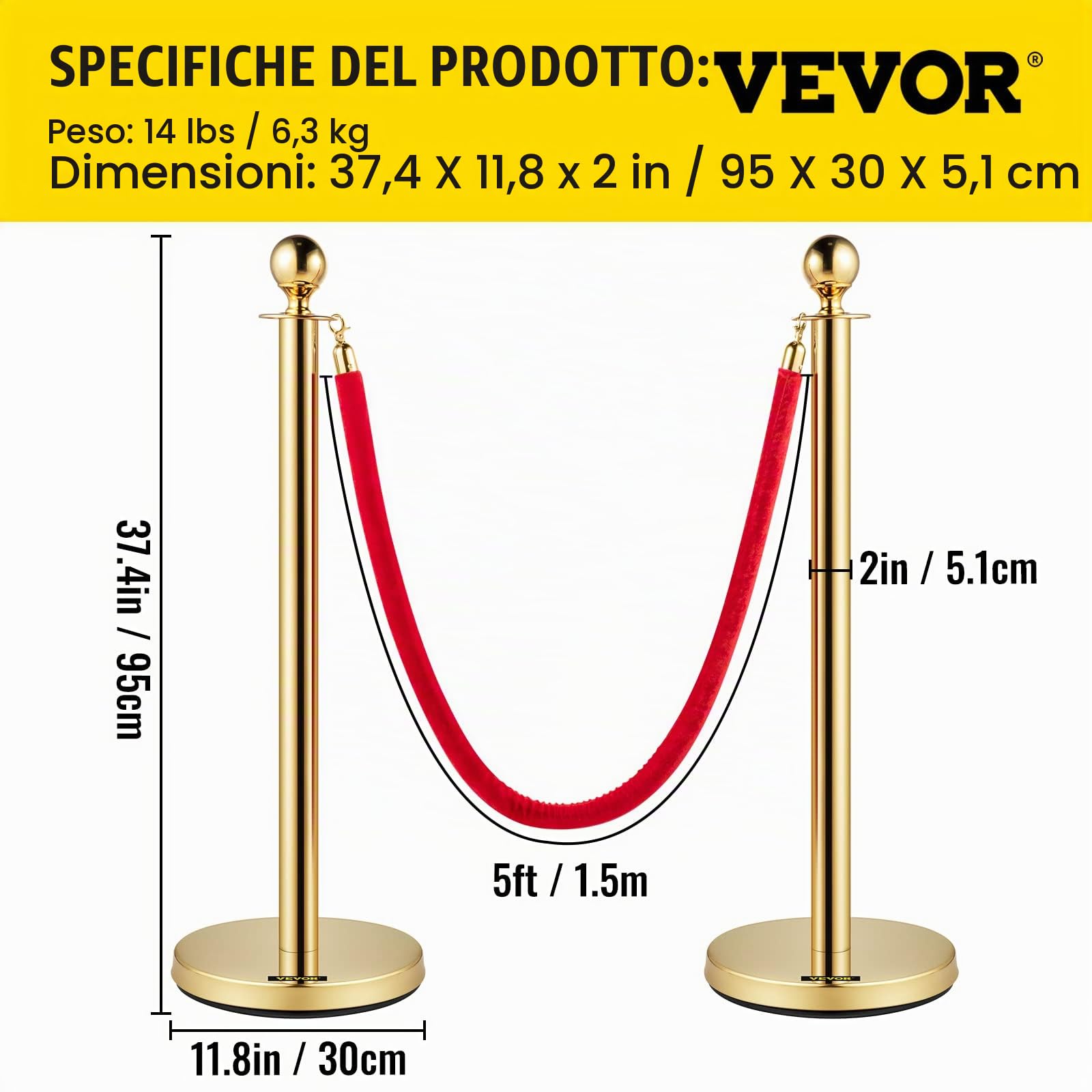 VEVOR Paletto di Controllo della Folla con Corda di Velluto, Paletto di Controllo della Folla in Acciaio Inossidabile, 4 Corde di Velluto Rosso 1,5 m con Parte Superiore a Sfera per Eventi, 6 Pezzi