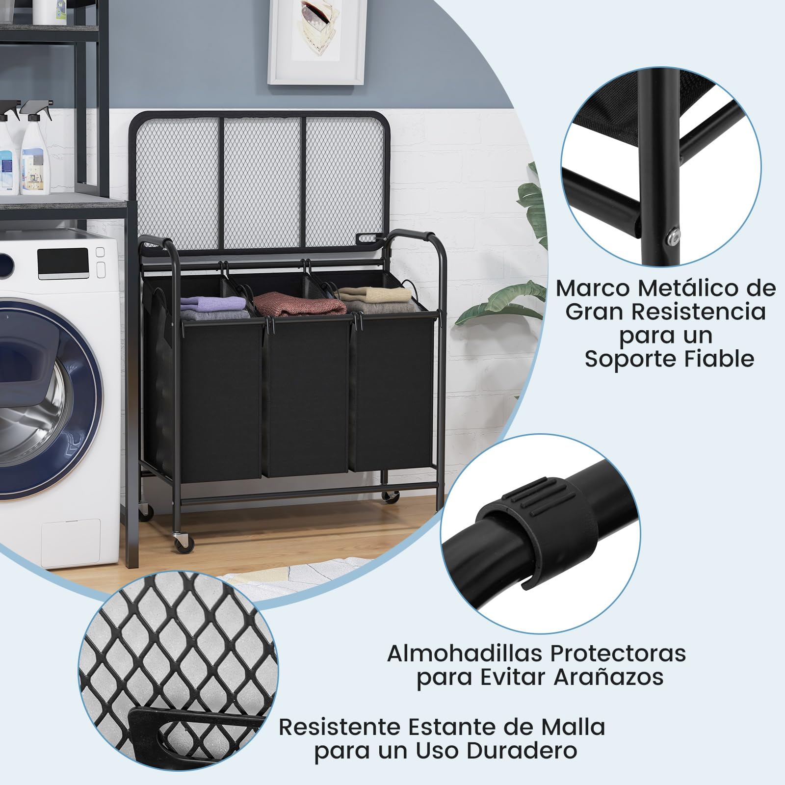 COSTWAY Cesto para Ropa Sucia con Tabla de Planchar, Cesta Colada con 3 Bolsas Extraíbles, 3 x 33L, Cesta de Lavandería para Cuarto de baño, Lavandería, Dormitorio, Negro y Gris