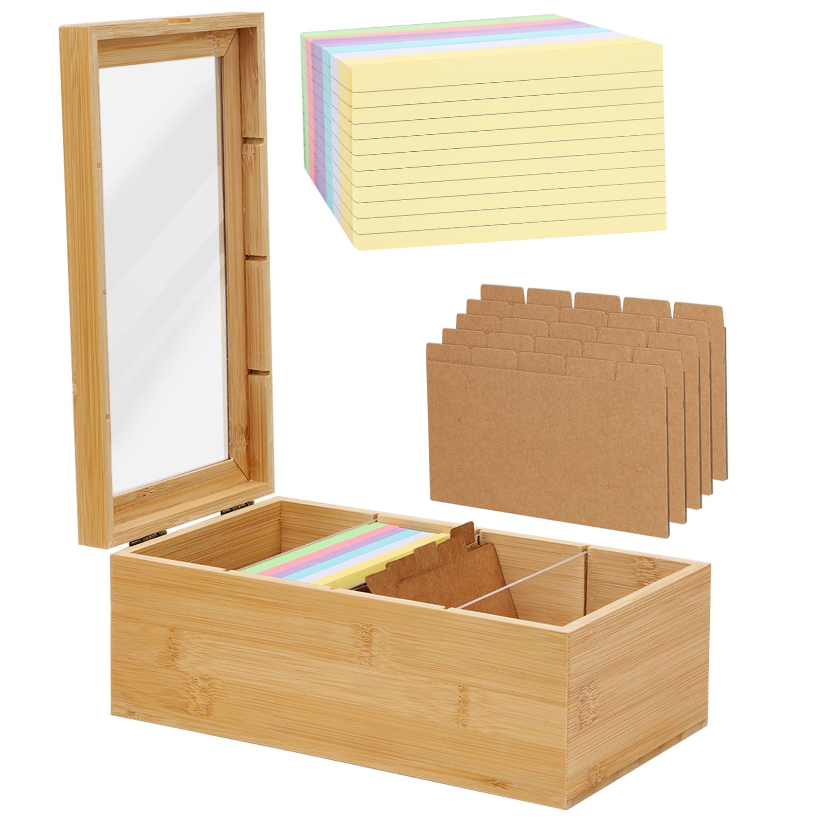 Index Card Box, 4 Grids Index Card Holder Wooden, Wood Recipe Box with 300 Lined Index Cards and 5 Kraft Paper Index Cards, Flash Card Holder for Office School Study Recipes (3 x 5)