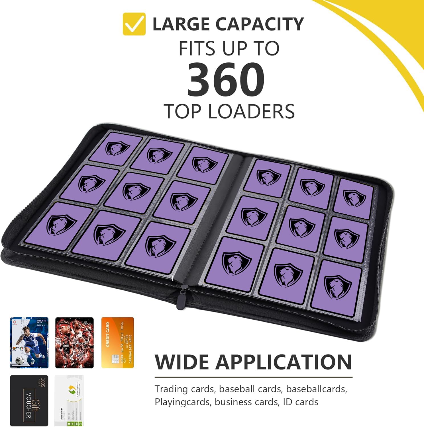 Segregator na karty kolekcjonerskie, 360 kieszeni, etui na karty kolekcjonerskie, wysokiej jakości okładka PU, segregator z zamkiem błyskawicznym, do segregatora TCG, MTG, kart sportowych, kart do