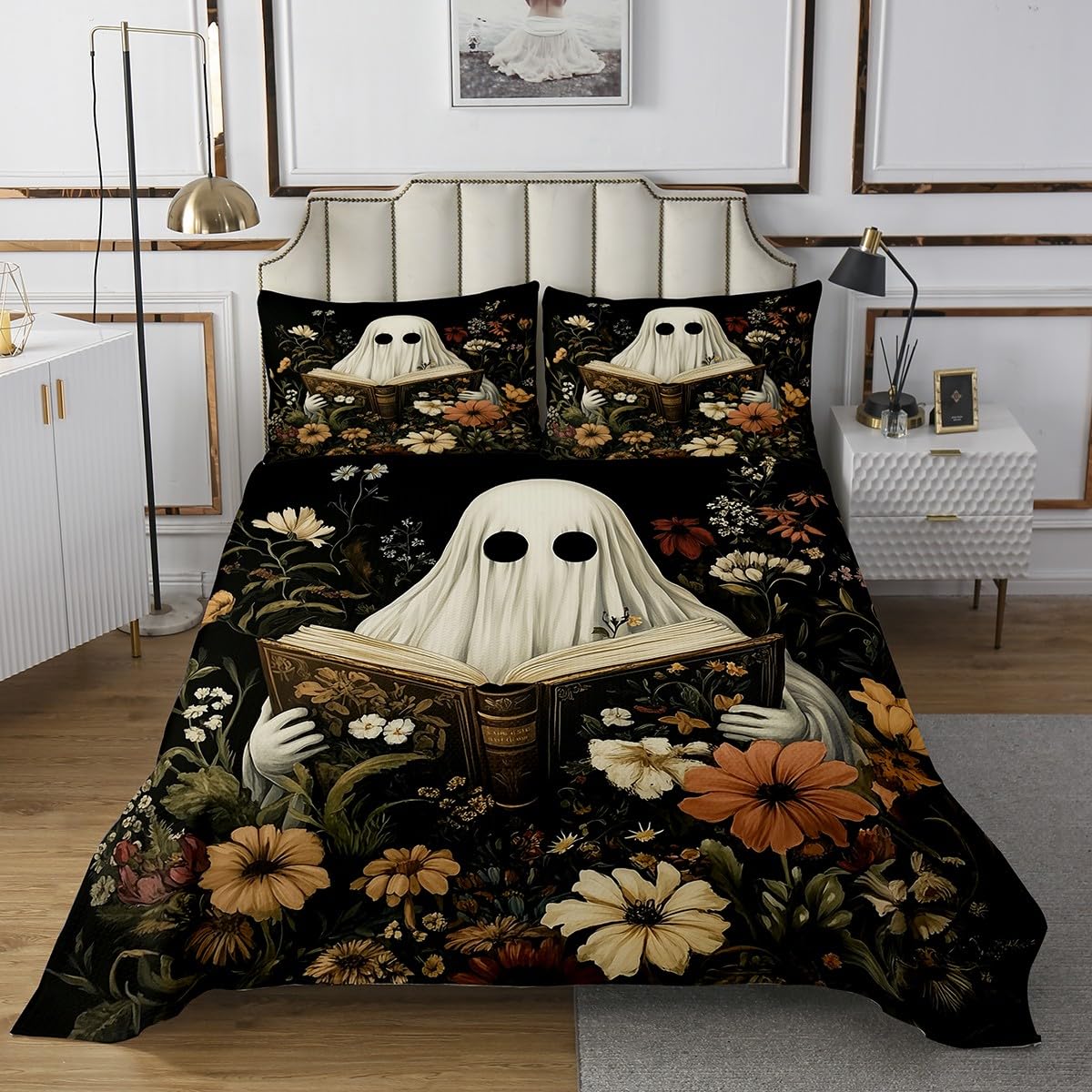 Manfei Halloween Bedspread Twin Size, Cute Ghost Reading Theme Coverlet Set 2pcs, Wildflower Leaves Print Quilted Coverlet with 1 Pillowcase, Kids Girls Room Decor, Soft Bedding Quilt