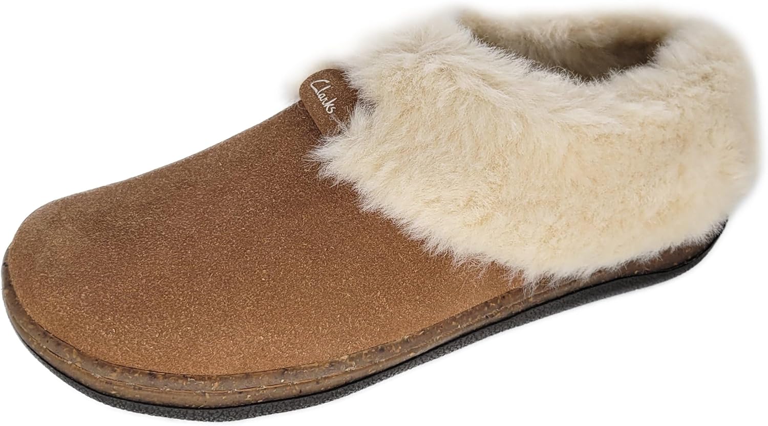 Clarks Womens Slipper Suede Leather Plain Toe - Plush Faux Fur Collar/Lined With A Cork Midsole - Open Back Indoor Outdoor House Slippers For Women (Cognac US 6