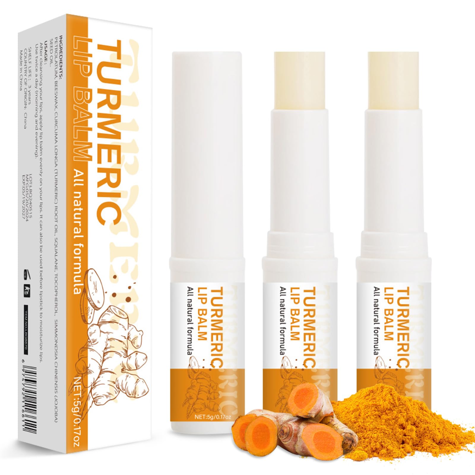 MUREND 3PCS Turmeric Lip Balm for Smokers Dark Lip Treatment with Turmeric oil, Help Fade Lip, Lip Exfoliator, Long-Lasting Natural Balm Moisturize &