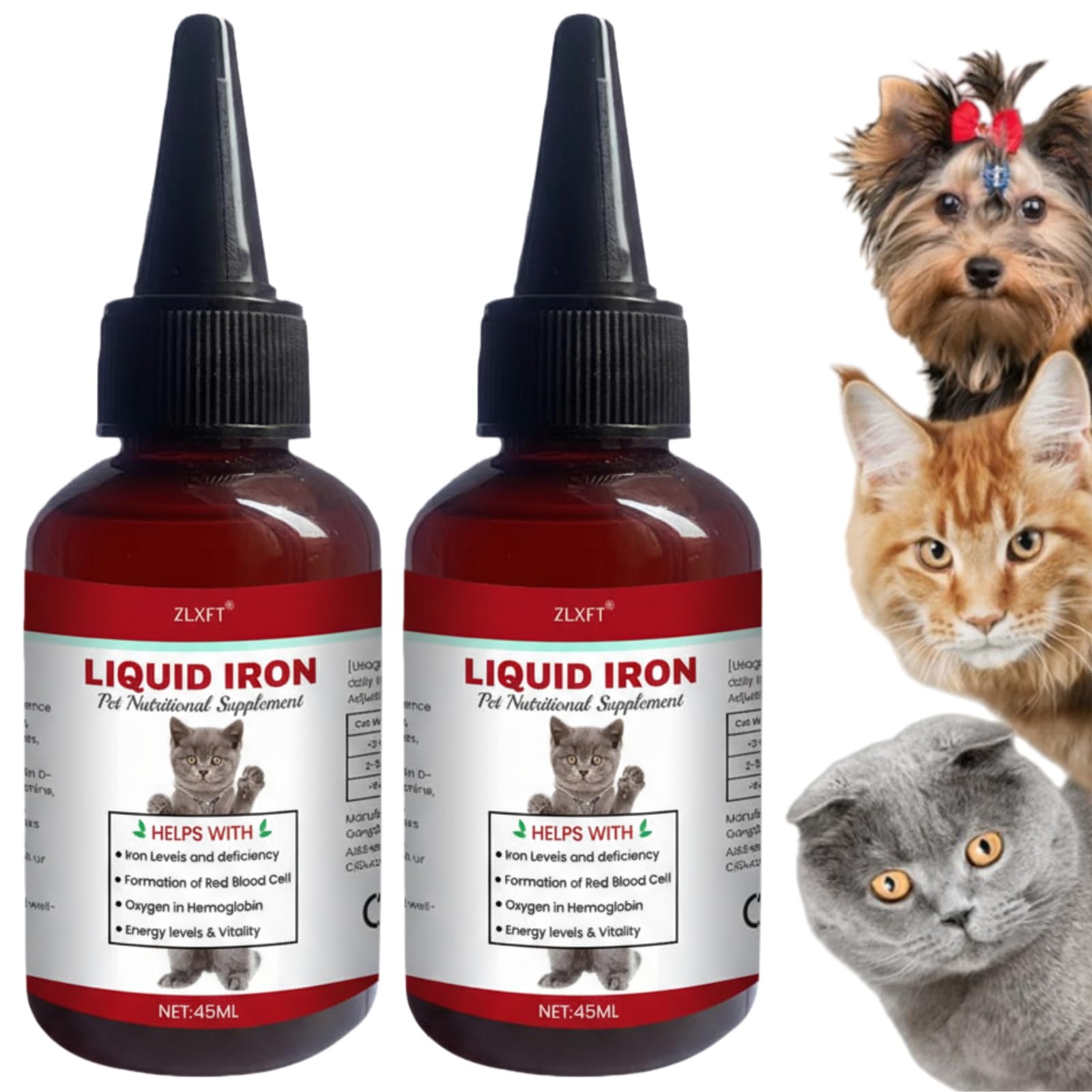 Flüssige Eisenpräparate für Katzen,2pcs Flüssiges Eisen Ergänzungen für Hunde,Hunde Eisen Tropfen mit Vitamin B12 & Folsäure,Katze Vitamine und Ergänzungen mit Vitamin C und B12,45ml