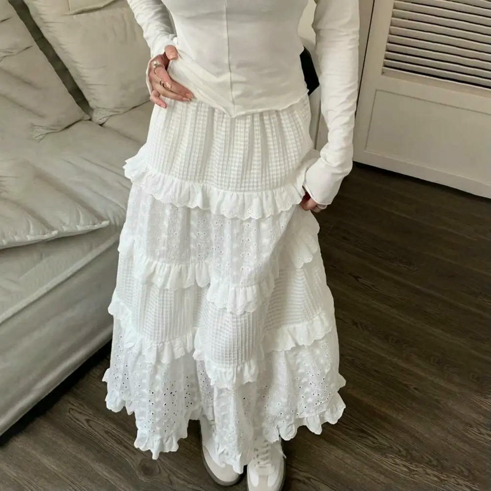 Gonna Lunga Donna Midi di Tulle Gallo all'Uncinetto Cavo Ranorbimento da A Una Galla Elastica in Vita Alta Femmina Piegata Bianca-Bianco-m