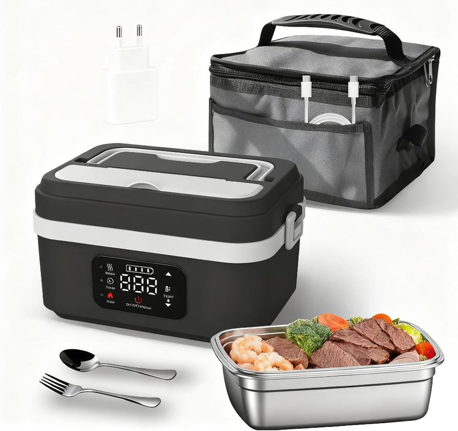 Fiambrera Eléctrica Inalámbrica con Batería 8000mAh,6 Niveles de Temperatura 1L Calentador de Comida Portátil para Trabajo Aire Libre con Temporizador